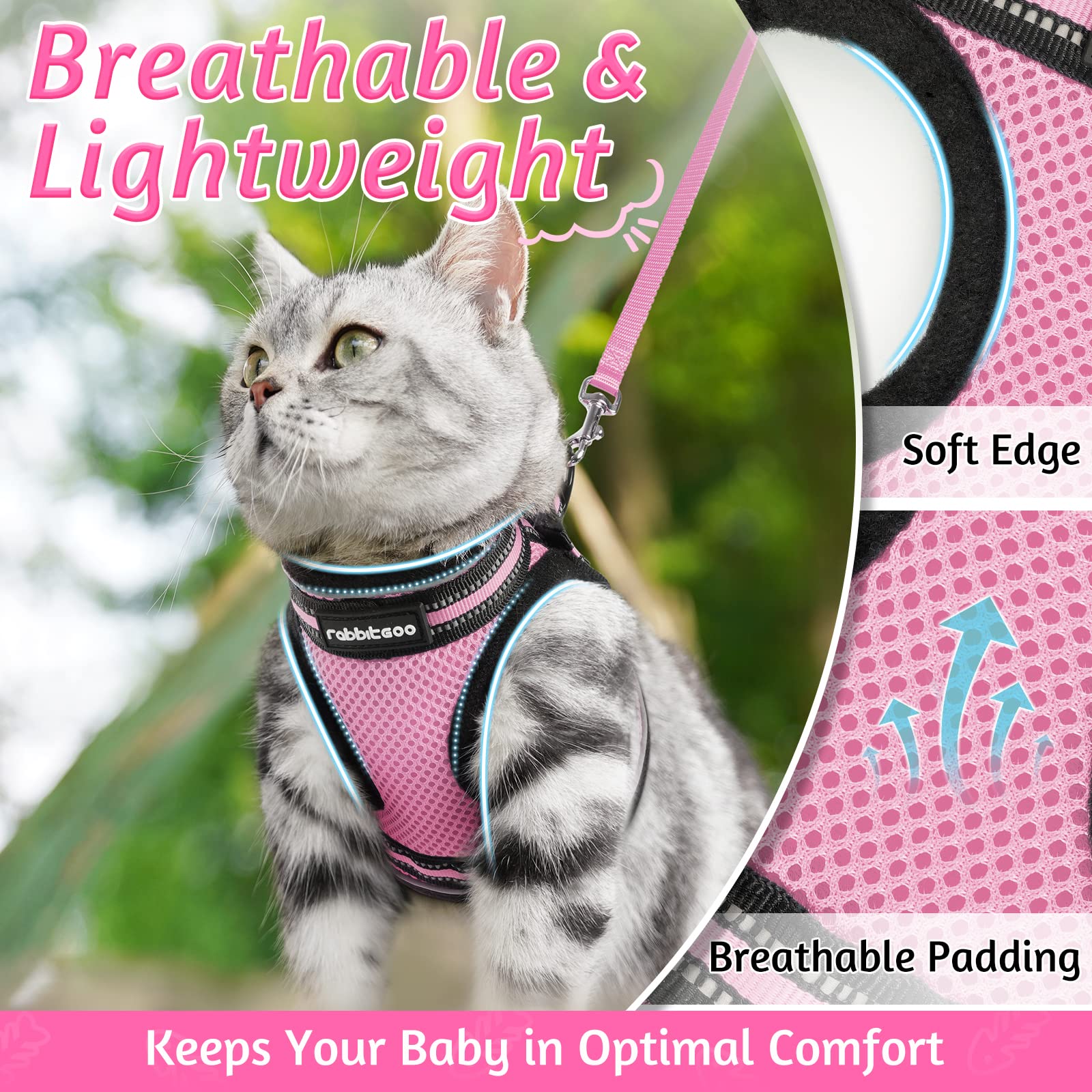 Rabbitgoo Cat Harness And Leash Set For Walking Escape Proof, Adjustable Soft Kittens Vest With Reflective Strip For Cats, Comfortable Outdoor Vest, Pink, S