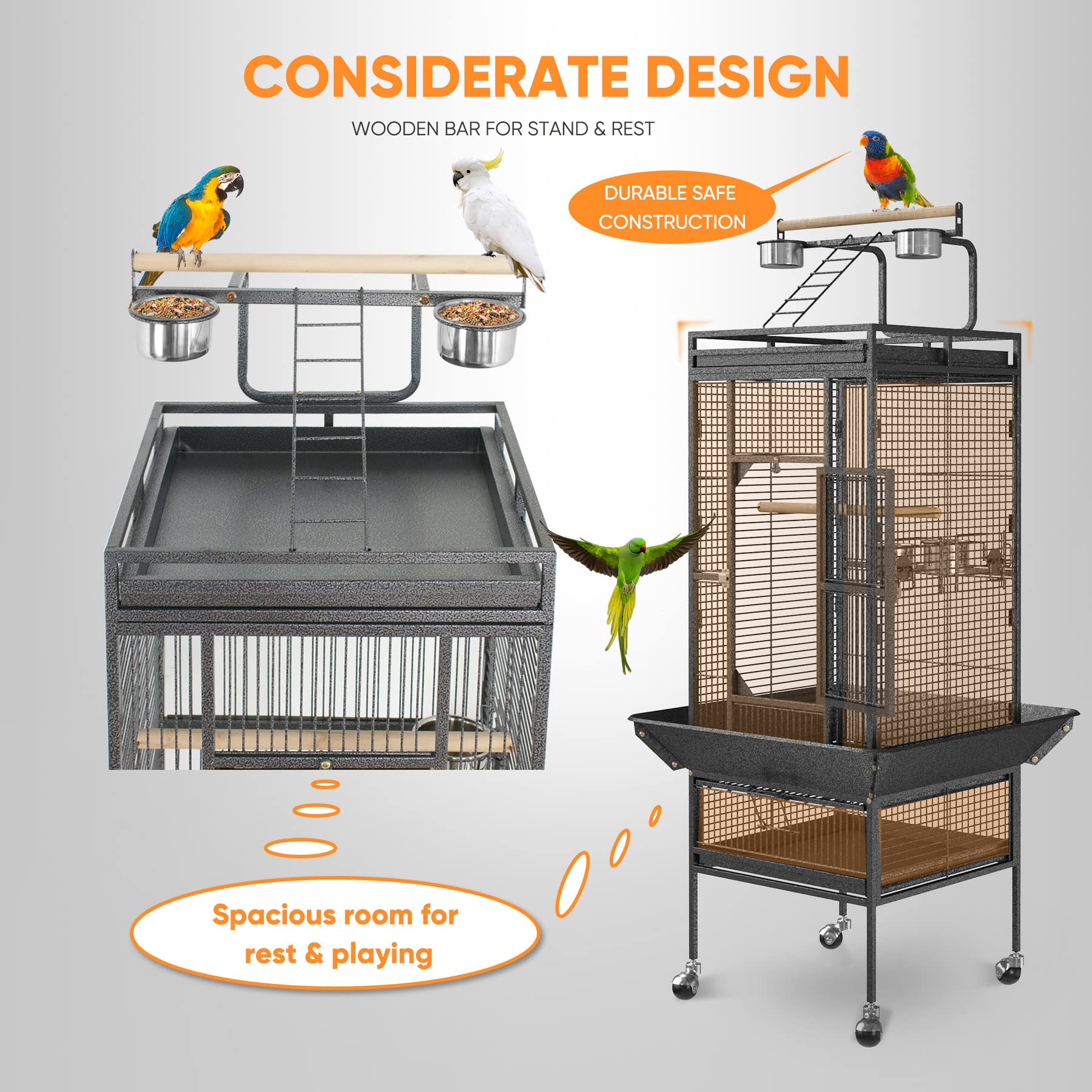 Super Deal Pro 61-Inch 2In1 Large Bird Cage With Rolling Stand Playtop Parrot Chinchilla Finch Cage Macaw Conure Cockatiel Cockatoo Pet House Wrought Iron Birdcage, Black