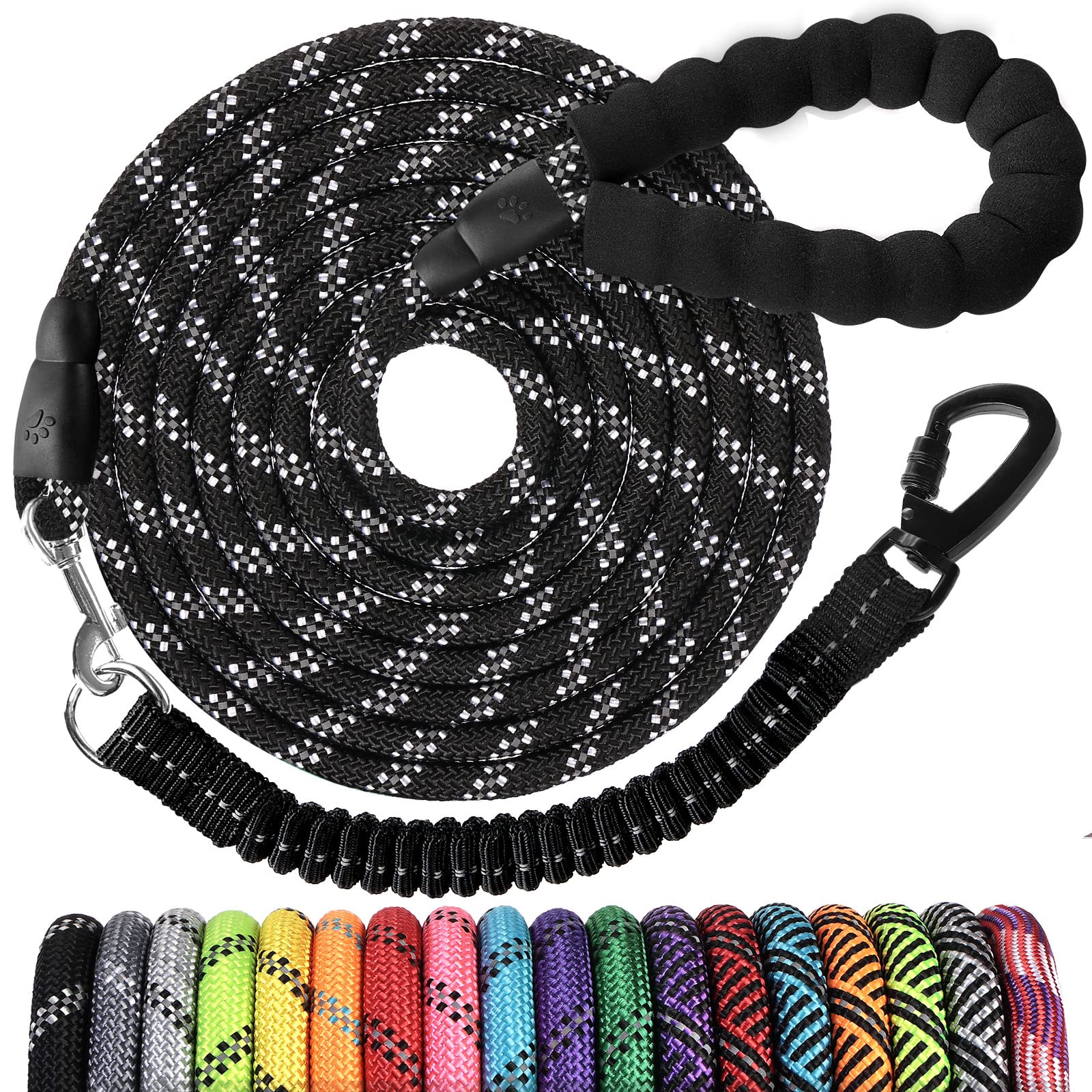 Long Dog Leash 100 FT: 1/2'' Heavy Duty Rope Leashes for Dogs Training with Bungee Lockable Hook Reflective Threads and Padded H
