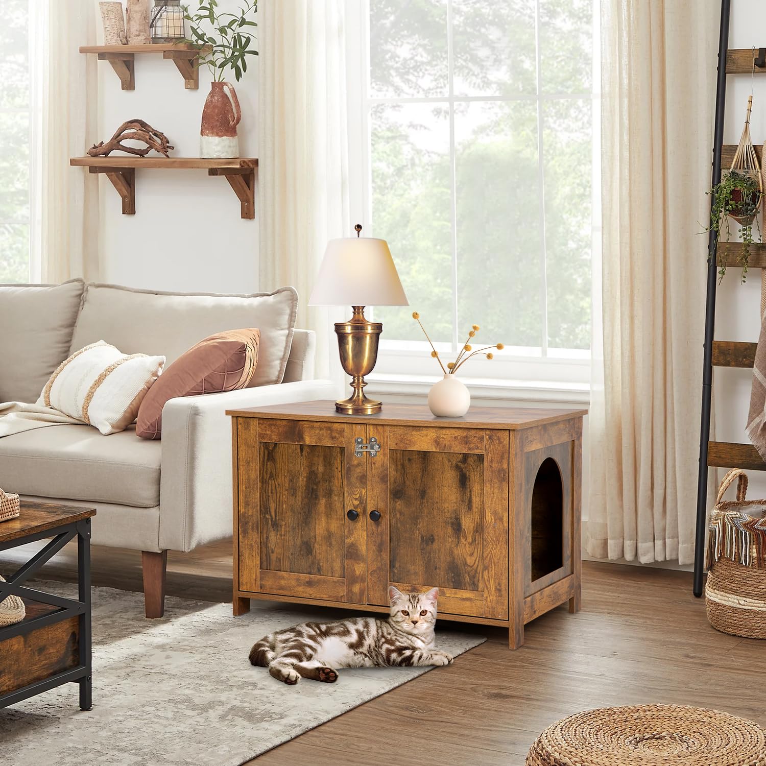 Bestpet Cat Litter Box Enclosure Furniture Hidden,Wooden Cat Washroom Furniture Storage Cabinet Pet Crate House End Table With R