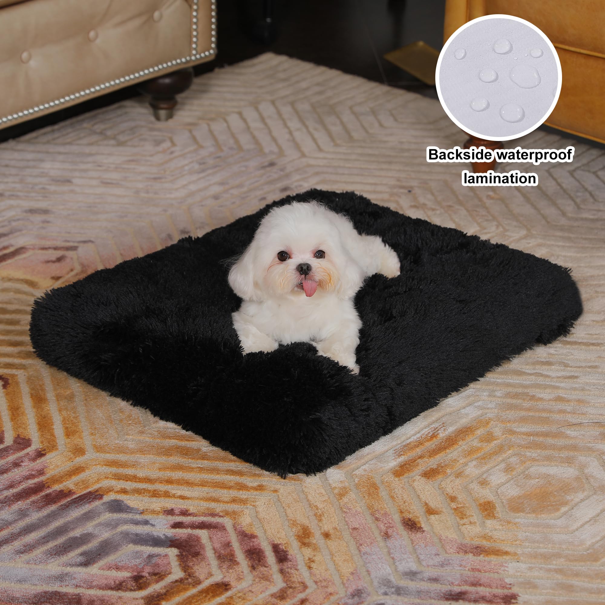 Bedfolks Waterproof Dog Crate Pad, Plush Dog Kennel Bed With Removable Cover, Faux Fur, Washable, 21''X13'', Black