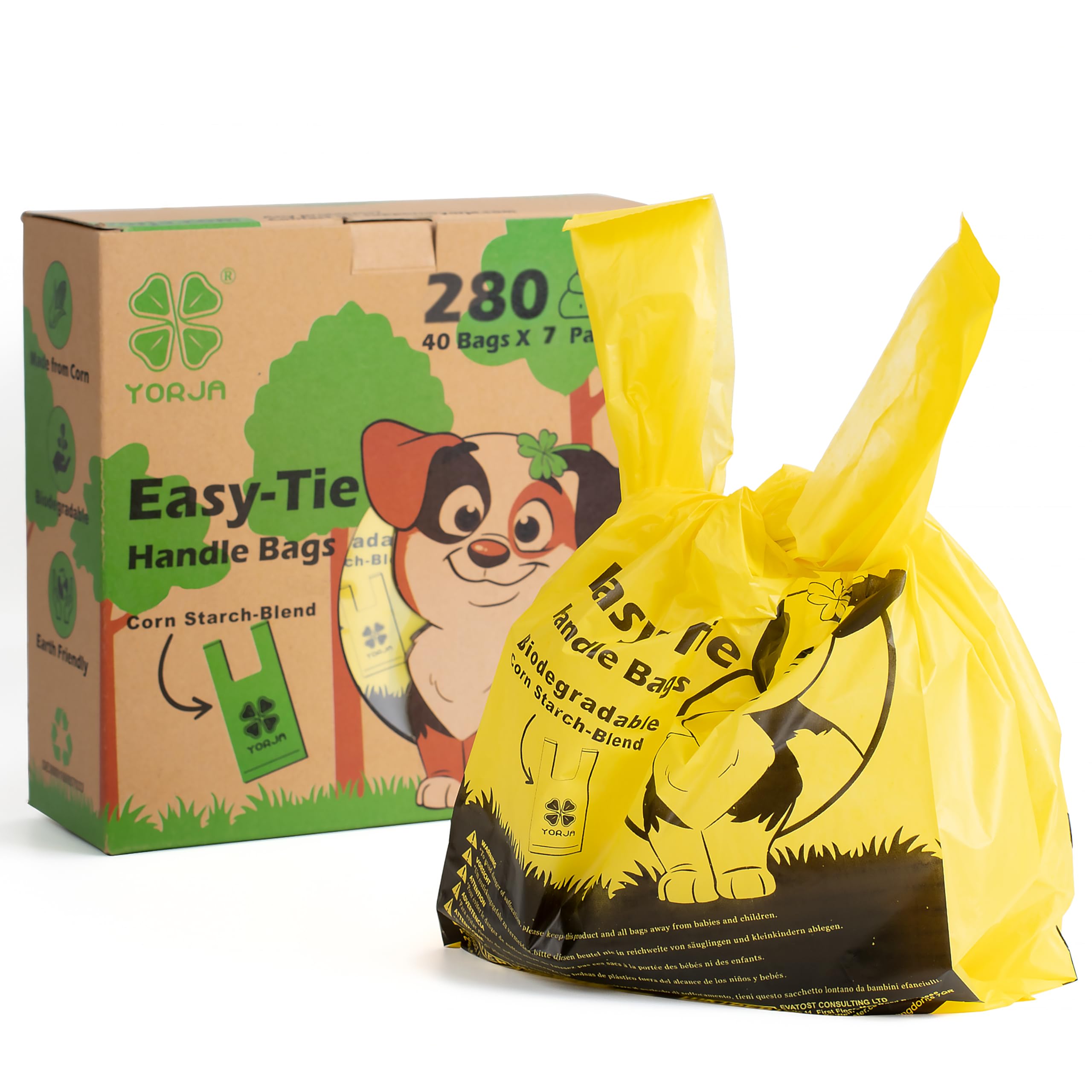 Yorja Tie Handles Dog Poop Bags, 280 Pet Waste Bags With Ok Biobased Certificate, Thick And Strong 100% Leak-Proof Easy Tie Up D