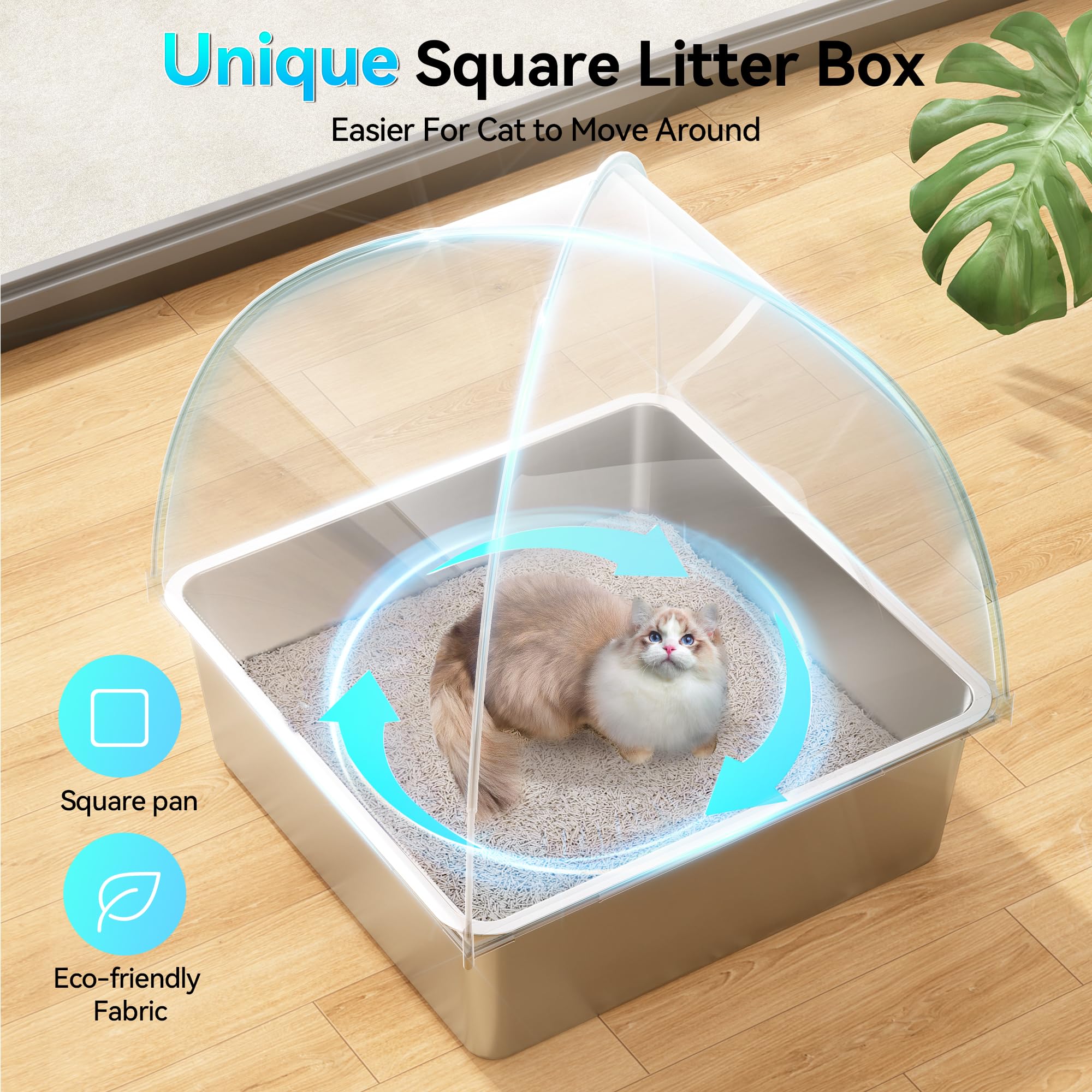 Extra Large 3-in-1 Enclosed Stainless Steel Cat Litter Box with Lid, High-Sided Oxford Cover, Metal Scoop, Odor Free, Leakproof
