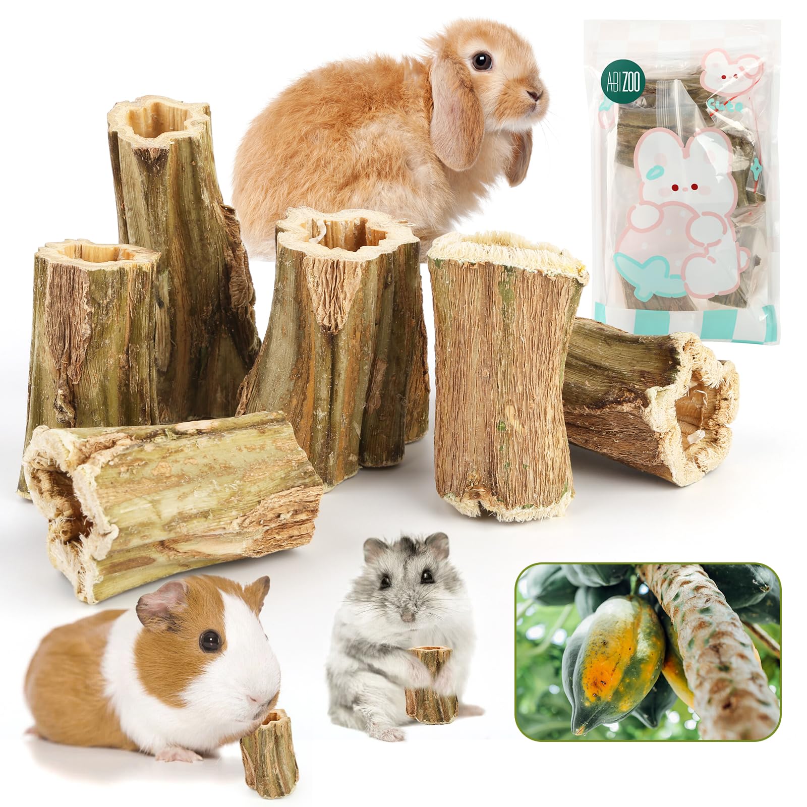Abizoo Natural Bunny Chew Toys,6 Pcs Organic Papaya Wood Sticks Chew Toys for Rabbit,Hamster,Guinea Pig,Chinchilla,Gerbil,Rat He