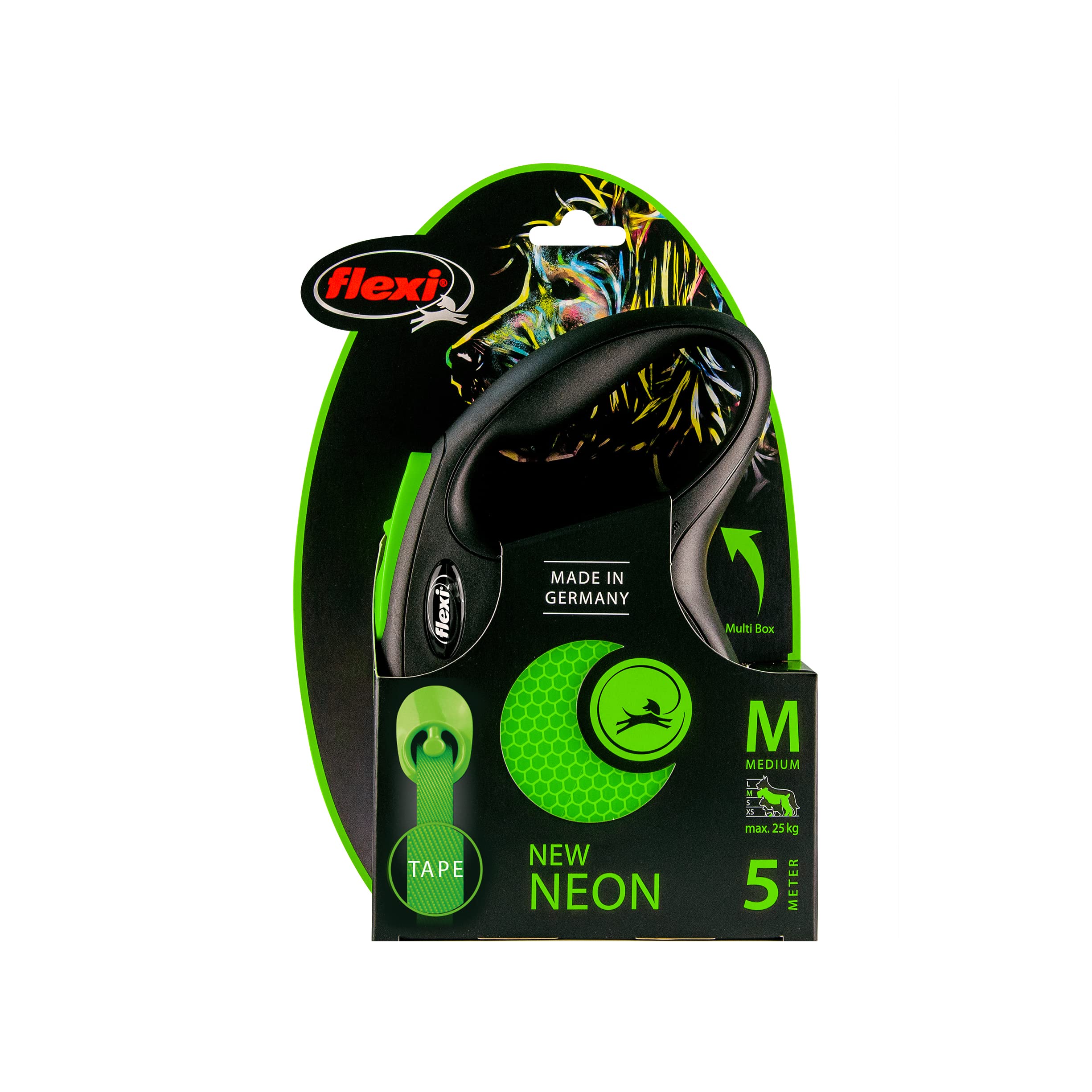 Flexi New Neon Tape Green Medium 5M Retractable Dog Leash/Lead For Dogs Up To 25Kgs/55Lbs
