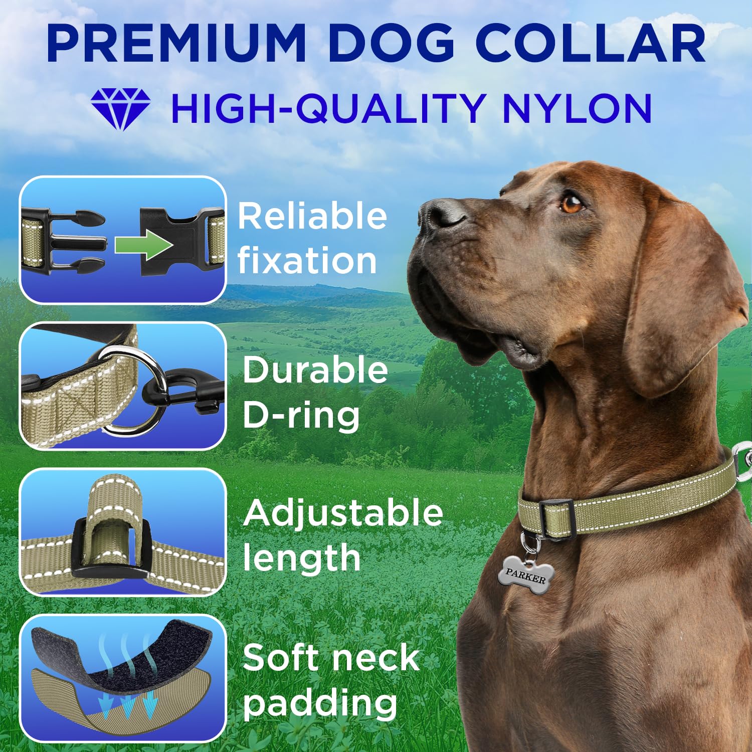 Teceum Reflective Pet Collar - Olive - S - Extra Soft Padding - Basic Nylon Dog Collar - Quick Release Buckle - Fits Small, Medi