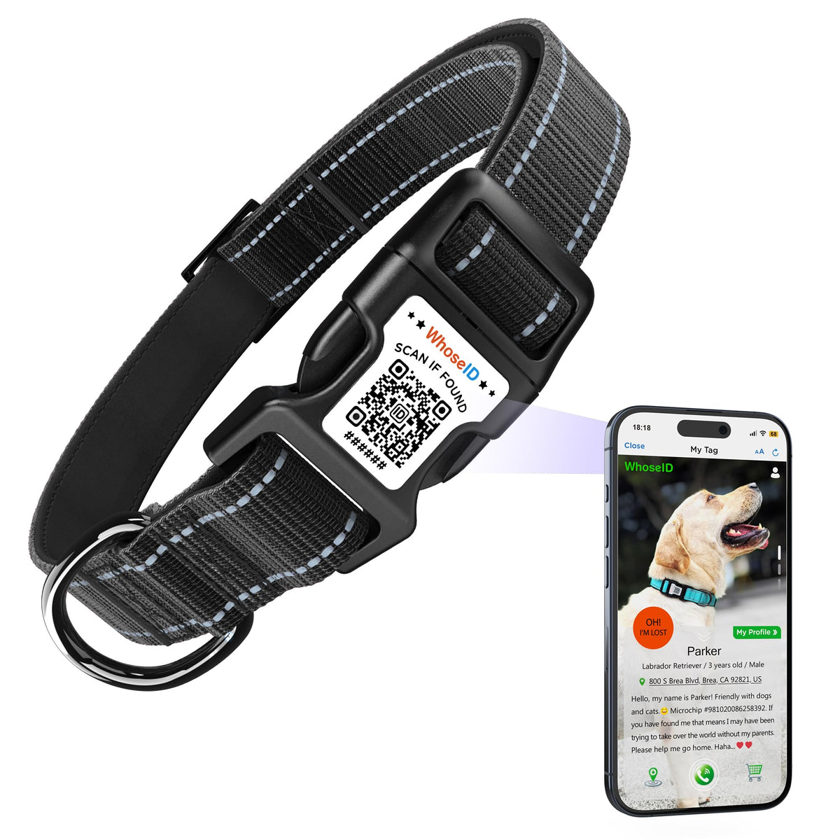 Dog Collar With Qr Code, Reflective Pet Collar, Soft Neoprene Padded & Safety Locking Buckle Adjustable Puppy Collar (Xs,Black)