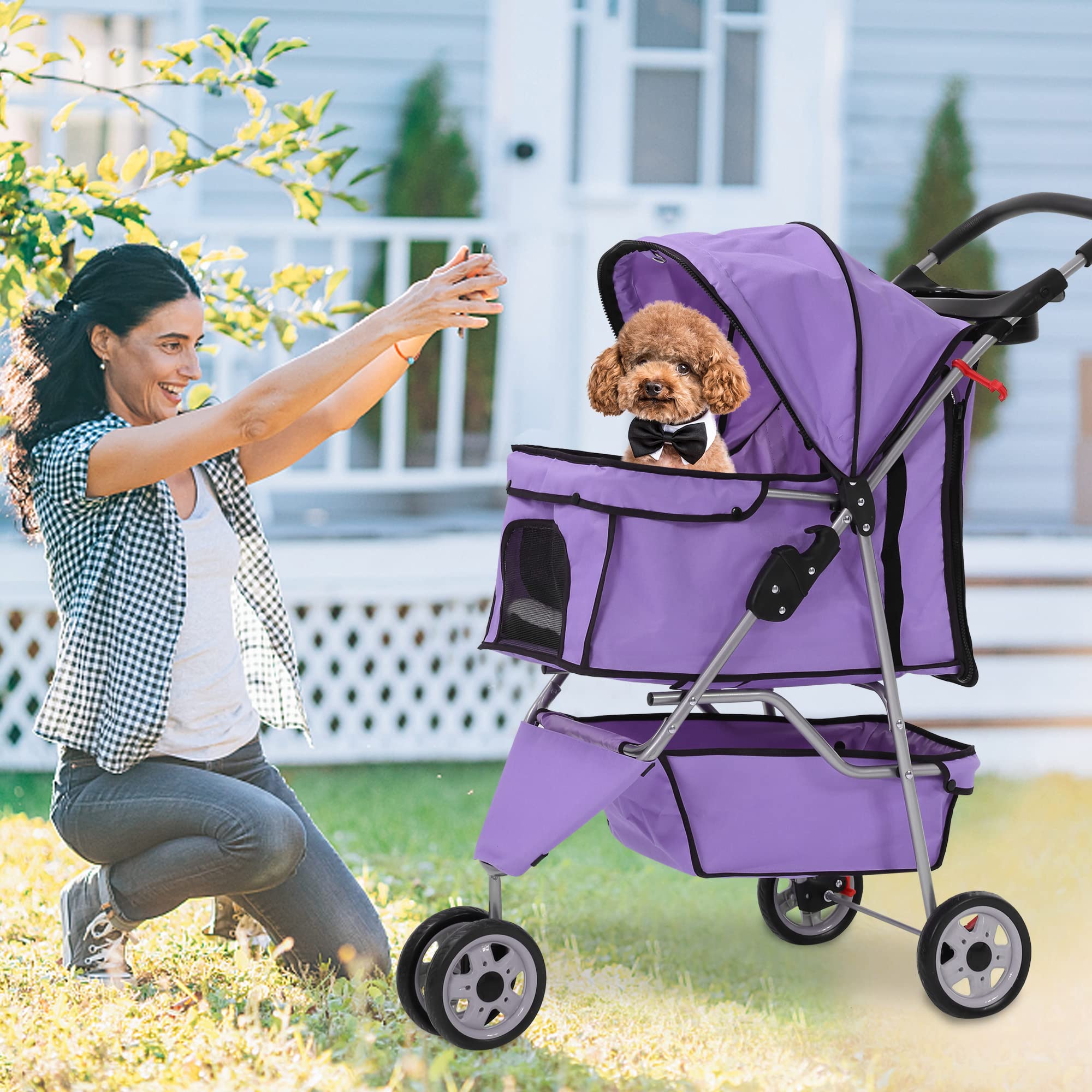 Dog Stroller,Travel Folding Pet Stroller for Small Medium Dog Cat Jogger Stroller with Storage Basket Removable Cup Holders (Pur