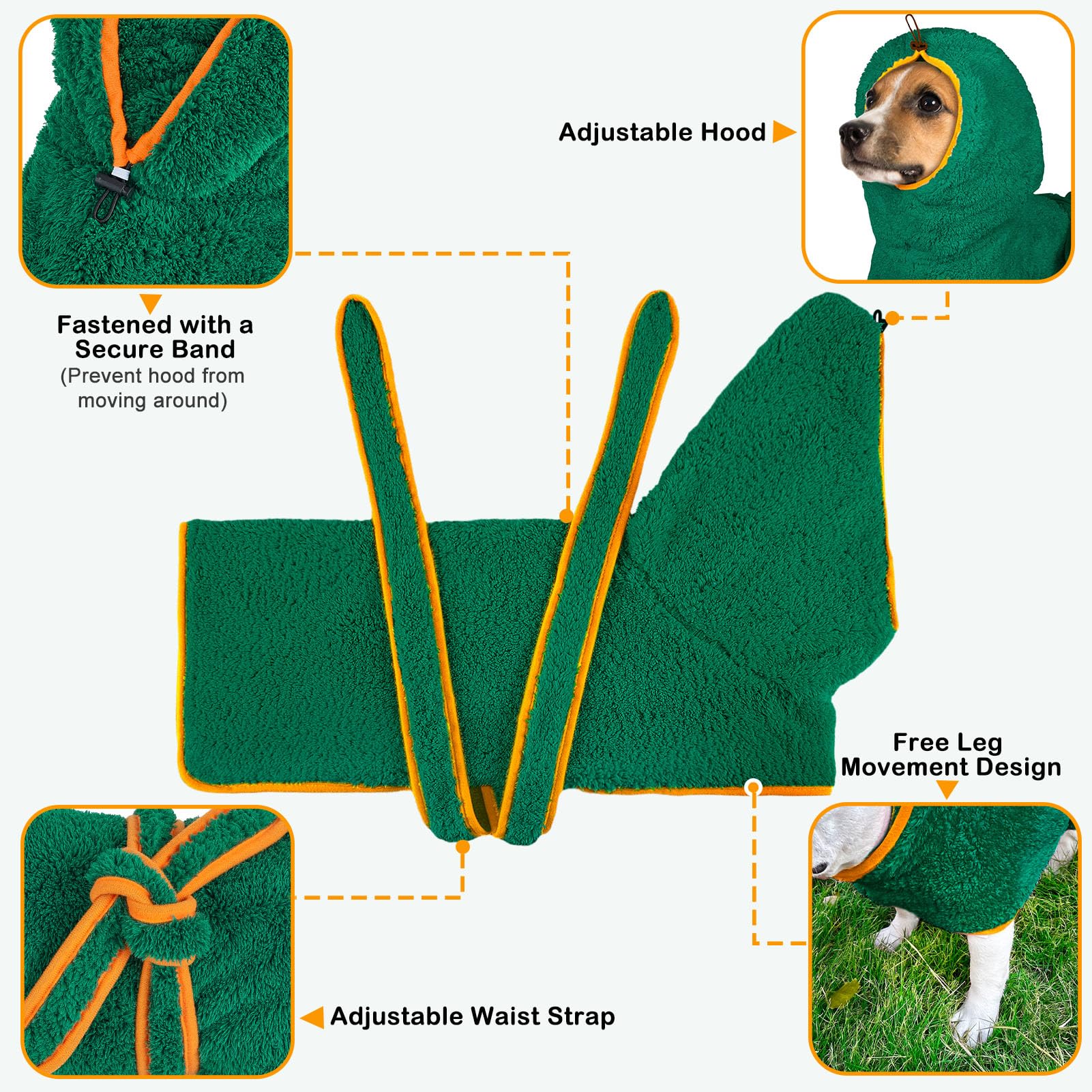 Bienbee Soft Dog Bathrobe,Super Absorbent & Quick-Drying Dog Robe With Hood, Cozy Drying Coat For After Bath, Green S