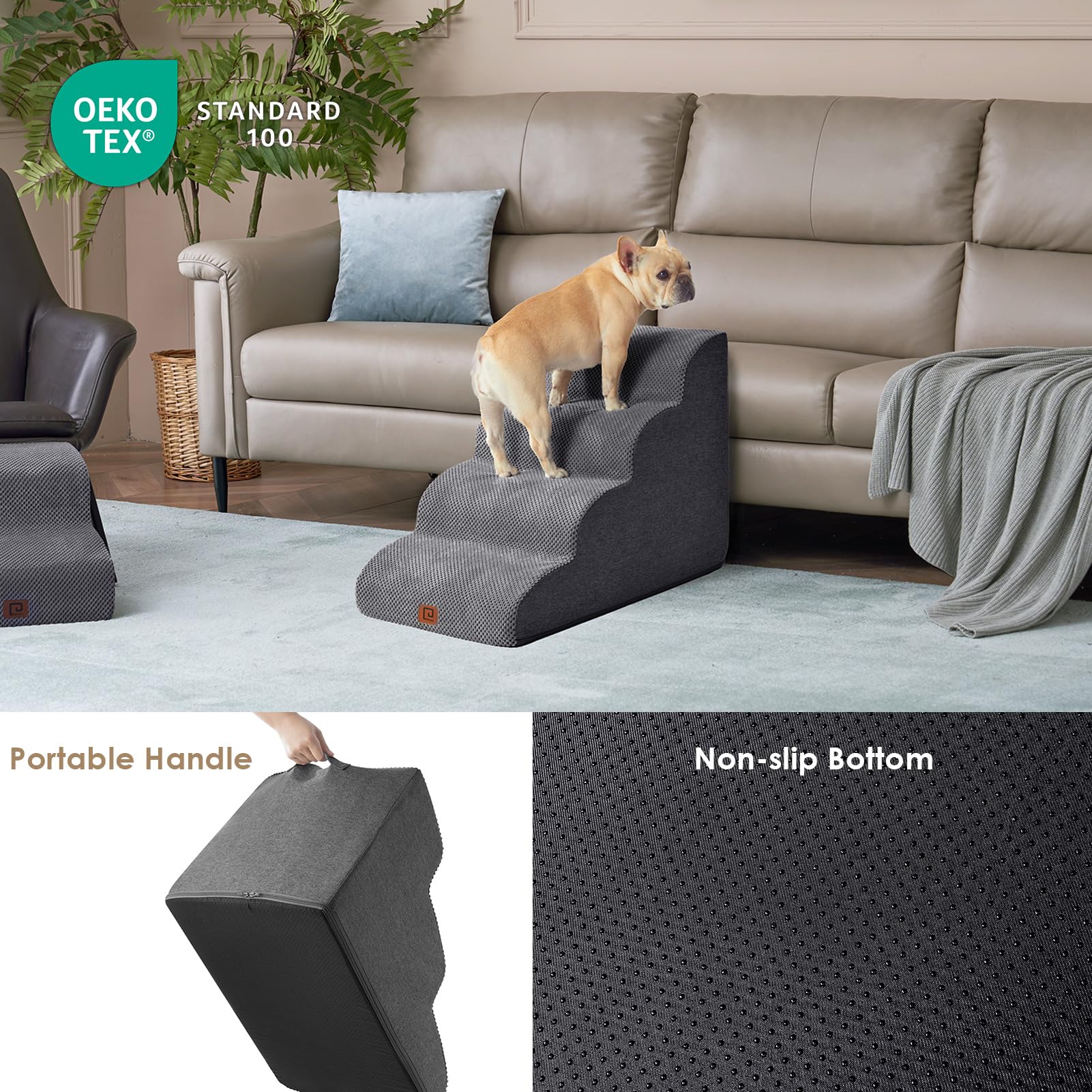 Eheyciga Curved Dog Stairs Ramp For High Beds 19.7' H, 4-Step Dog Steps For Small Dogs And Cats, Pet Stairs For High Bed Climbing, Non-Slip Balanced Pet Step Indoor, Grey