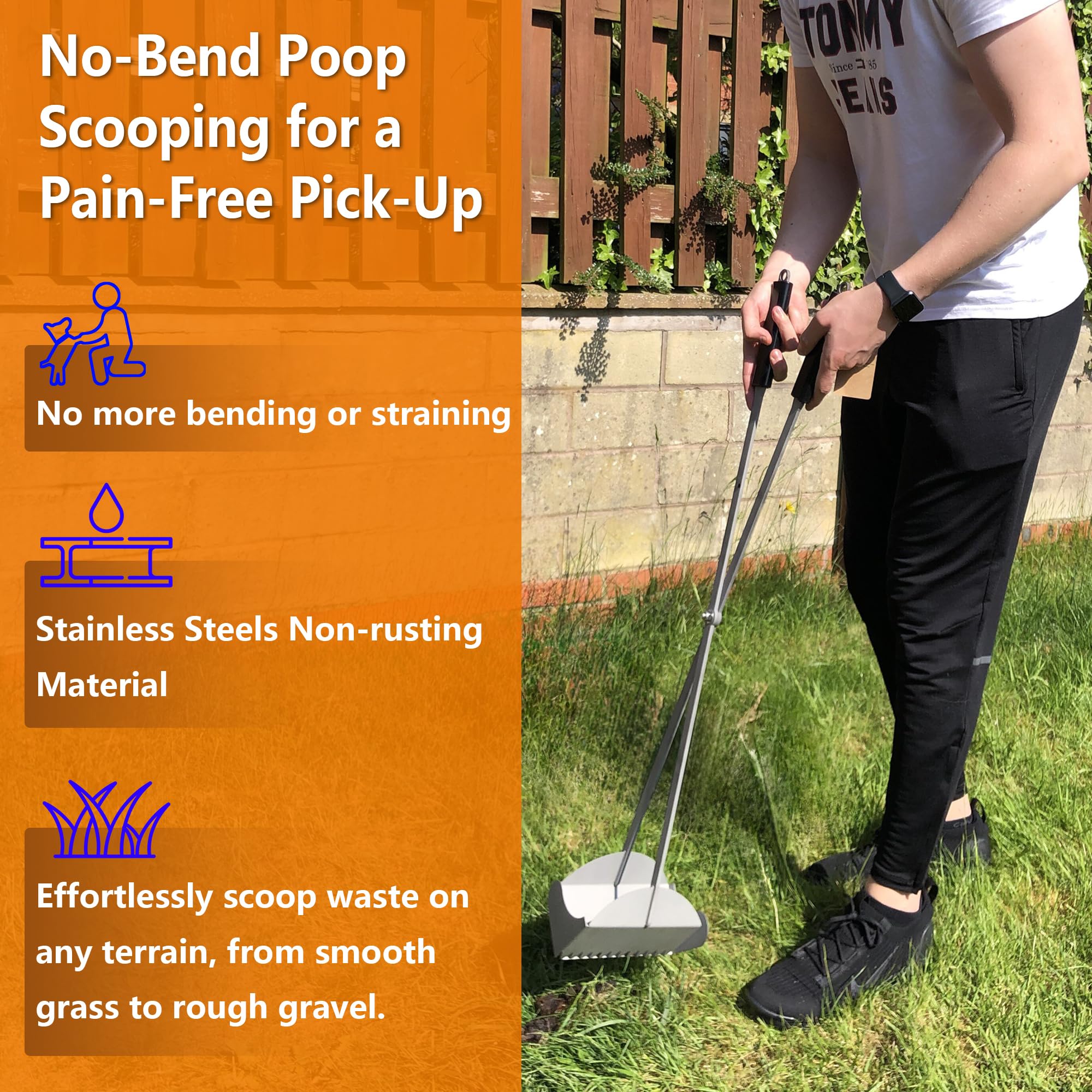 Heavy Duty Pooper Scooper 38'' Stainless Steel Long Handle Dog Pooper Scooper With Teeth For Large Dogs Outdoor Pet Waste Remova