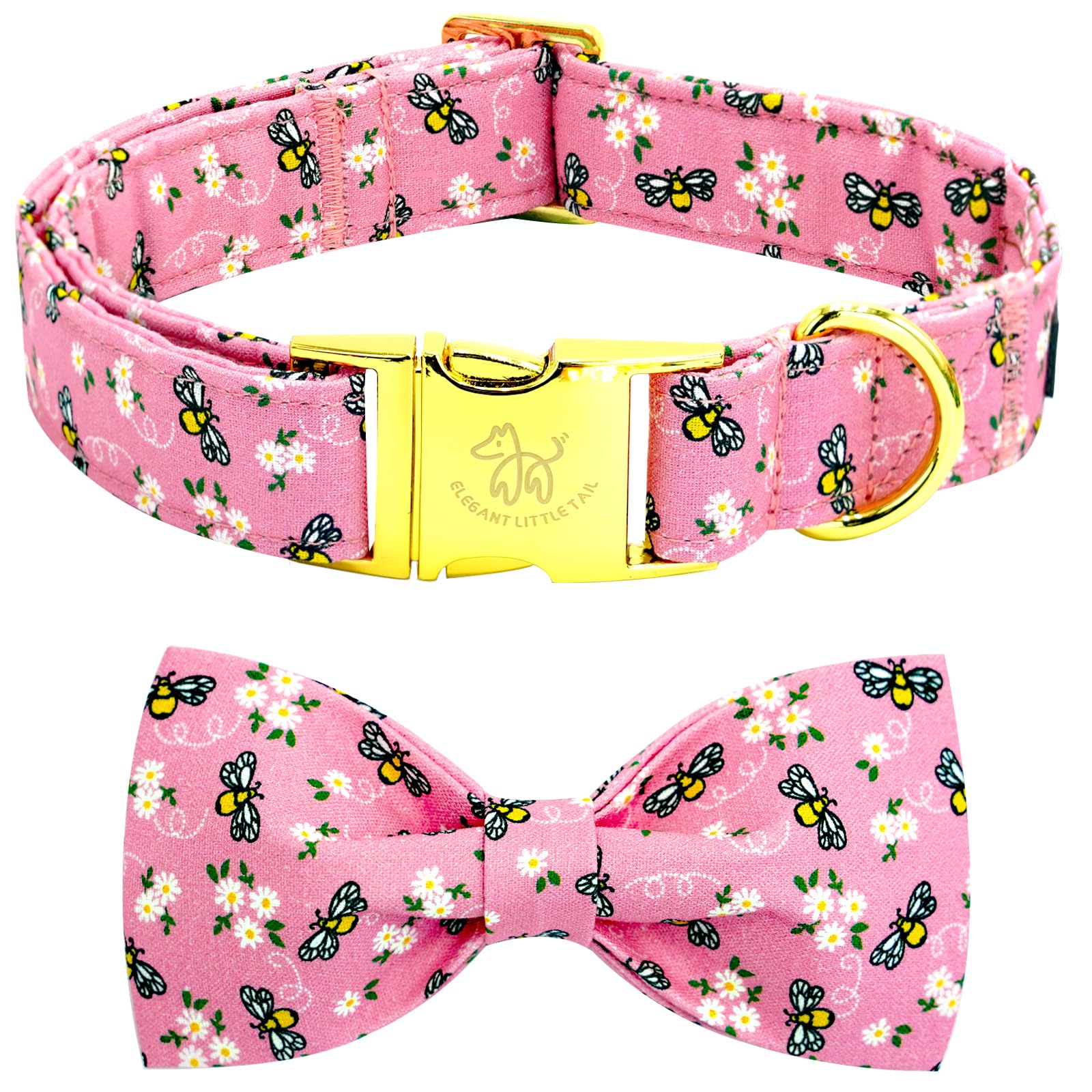 Elegant Little Tail Dog Collar, Spring Dog Collar With Bow Cute Bees Print Cotton Soft Female Male Pet Collar Bowtie Floral Dog 