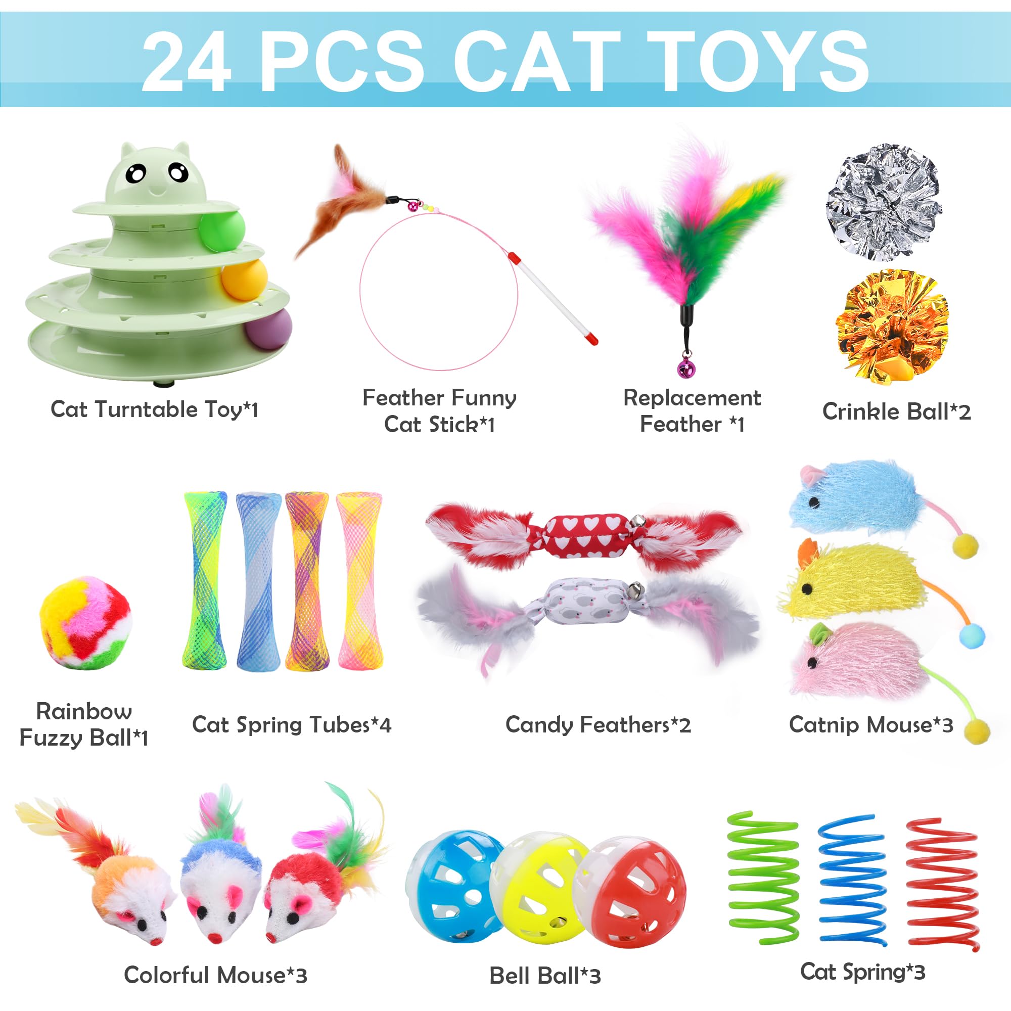 Upsky 24 Pcs Cat Toys, 3-Level Turntable Kitten Toys Set, Interactive Cat Roller Toys For Indoor Cats, Catnip Toys, Cat Teaser T