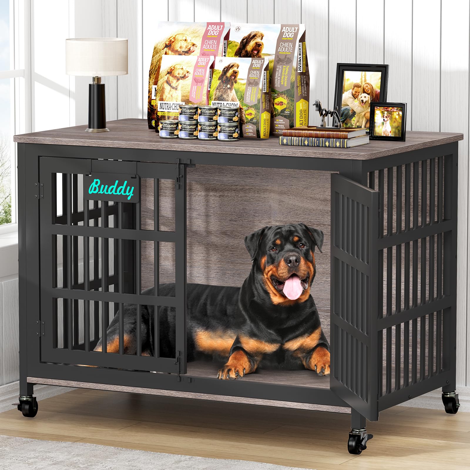 EasyCom 48/42/33 XXL Dog Crate Furniture with Casters, Heavy Duty Dog Kennel Indoor for Large Dogs, Escape-Proof and Chew-Proof 