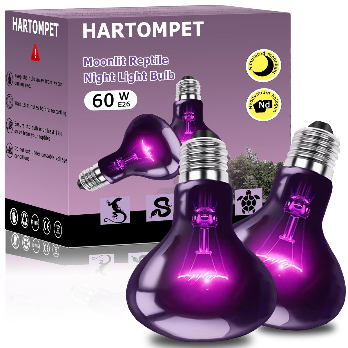 Hartompet 60W Reptile Night Light Bulb - Simulate Natural Moonlight For Bearded Dragons, Lizards, Snakes, And Amphibians - Uva B