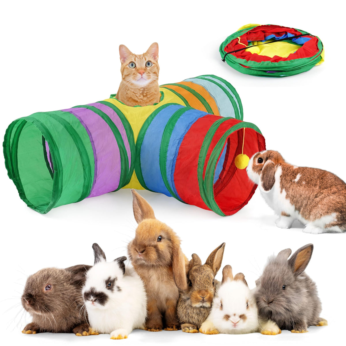 Hiimalex Extra Large Cat & Bunny Tunnel Collapsible 3-Way Hideout With Reinforced Frame, Peephole & Hanging Ball Durable Portabl
