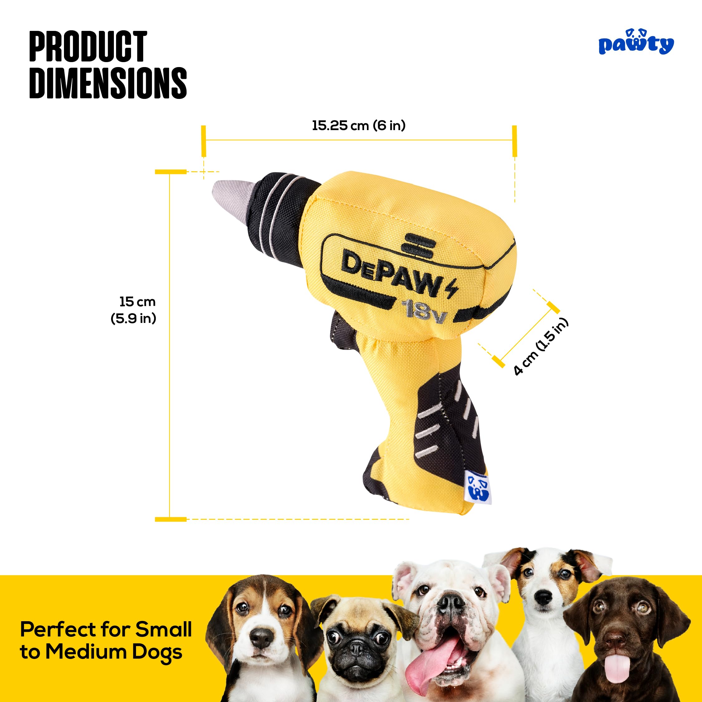 Pawty Tool Kit Paw-Er Drill Dog Toy - Interactive Plush Parody Enrichment Toy - Cute Unique Design Birthday Gift - Small Medium