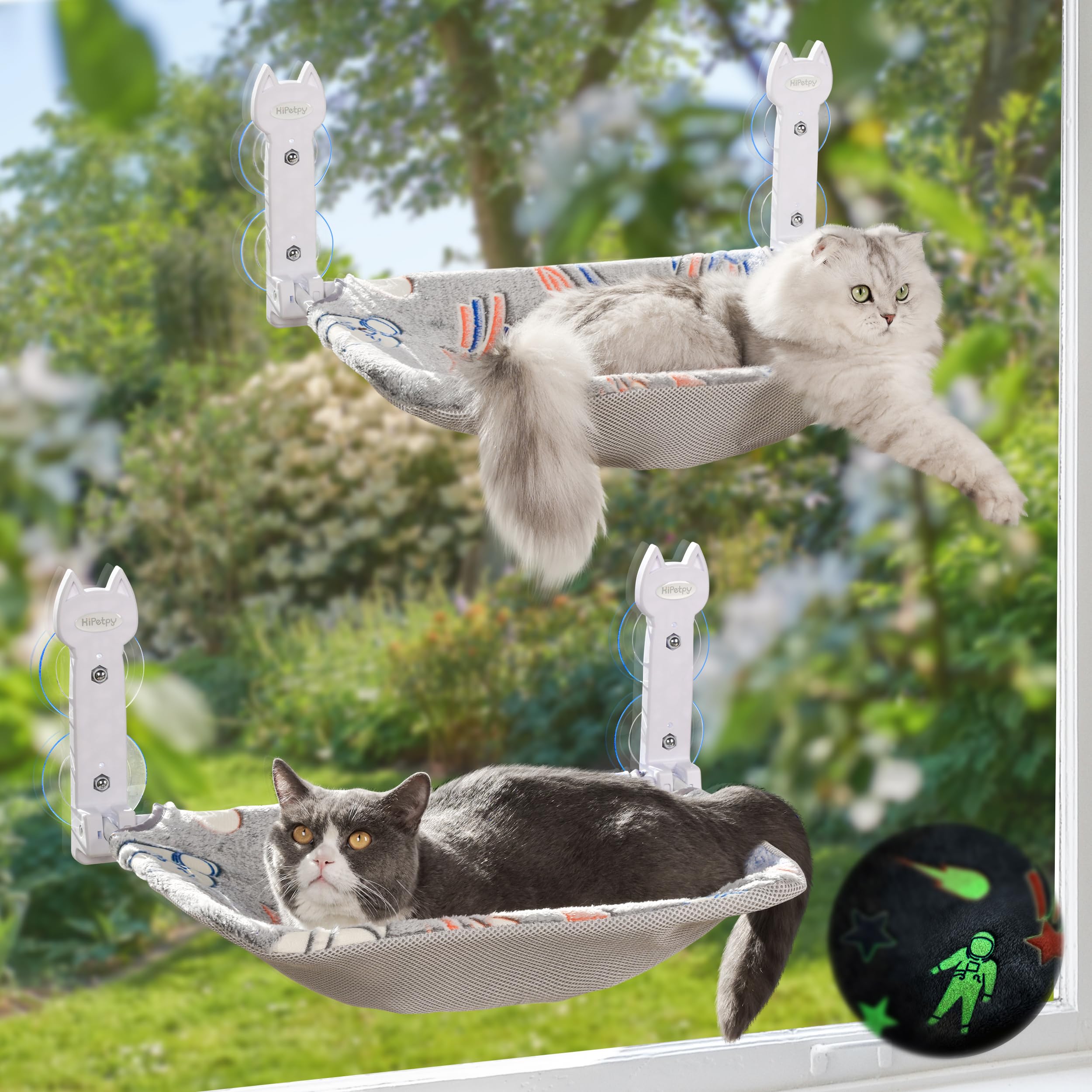 Hipetpy 2 Pack Cat Window Perch, Glow In The Dark Foldable Cat Hammock With Sunken Design & Removable Soft Cover, Breathable Cor