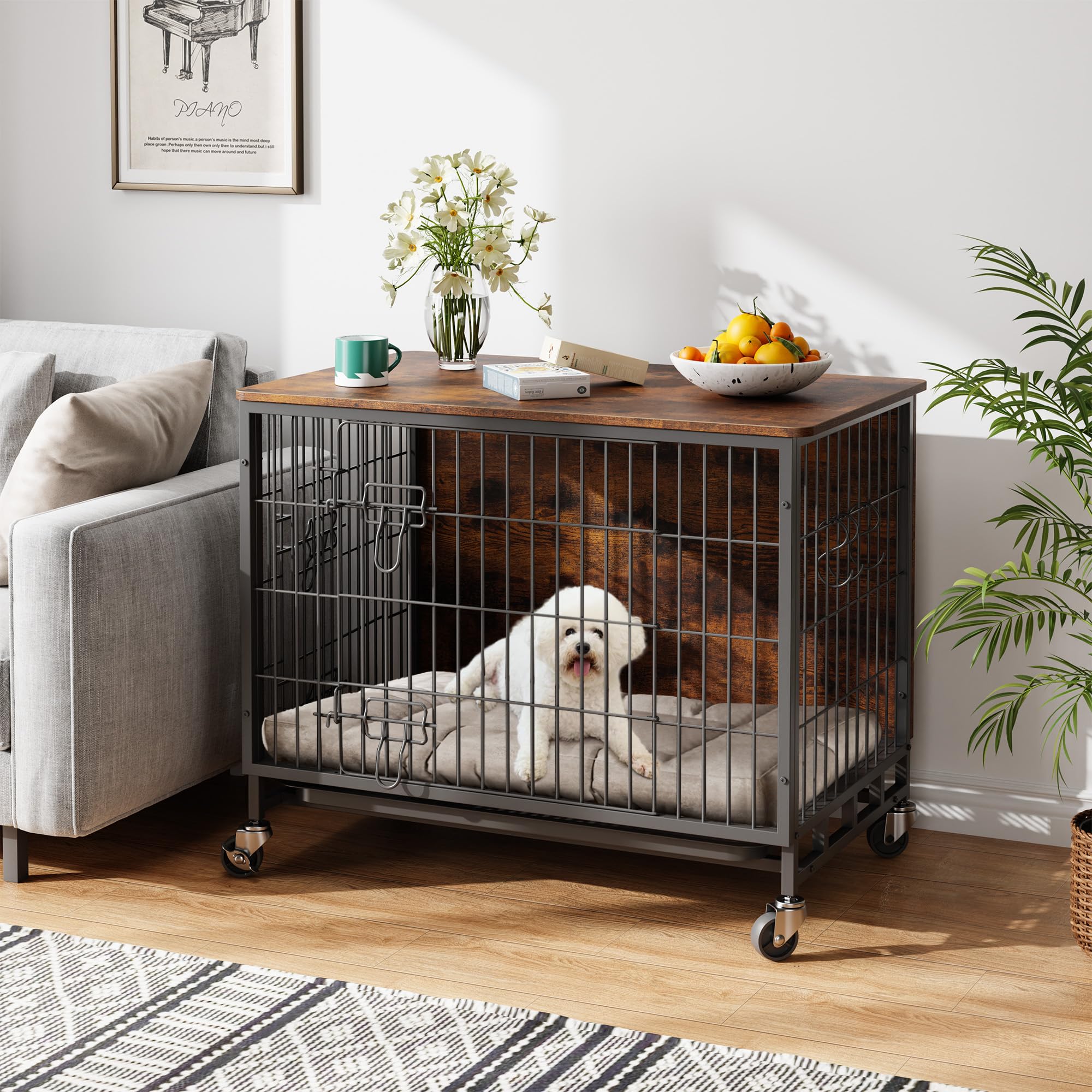 Large Dog Crate Furniture, Wooden Dog Kennel Indoor, Heavy Duty Metal Dog Cage End Table, Double-Layer Furniture-Style Dog Bed,
