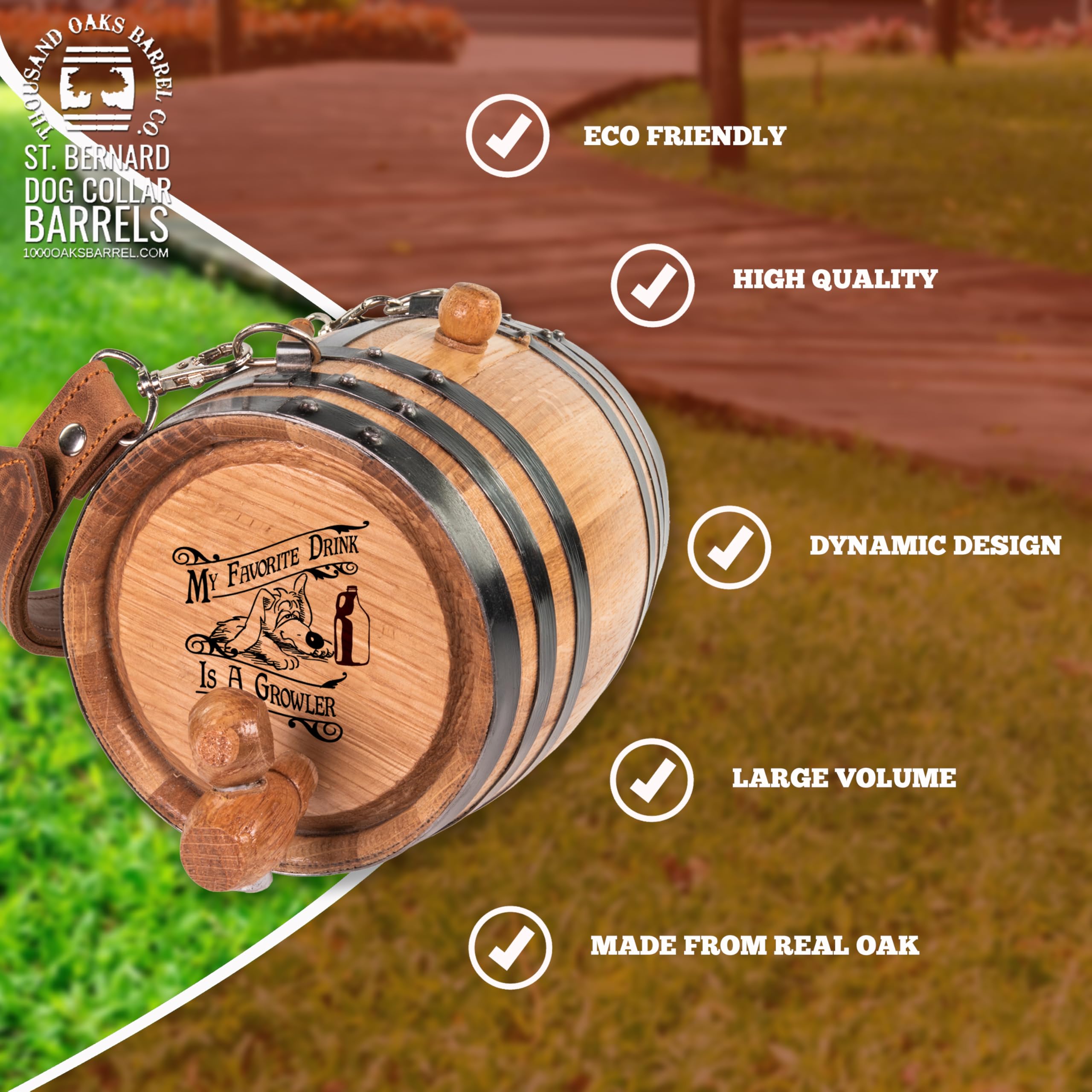 St Bernard Whiskey Barrel Collar For Dog, 'Favourite Drink Is A Growler' - 1/2 Liter Oak Aging Barrel Dispenser For Saint Bernar