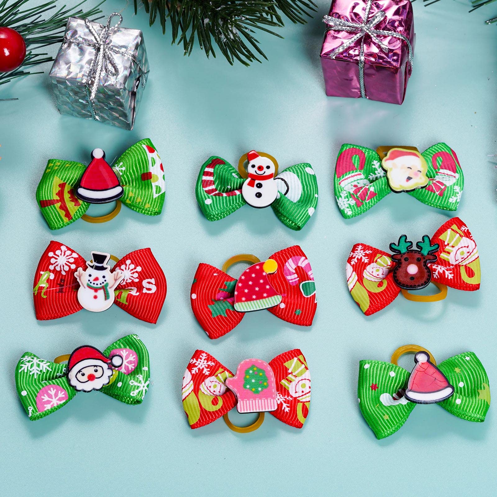 Tongcloud 20Pcs Pets Dog Hair Bows For Christmas With Rubber Bands Dog Bows Bowknot Snowman Christmas Dog Bows Snowman Dog Bows(Red And Green, Christmas Style)