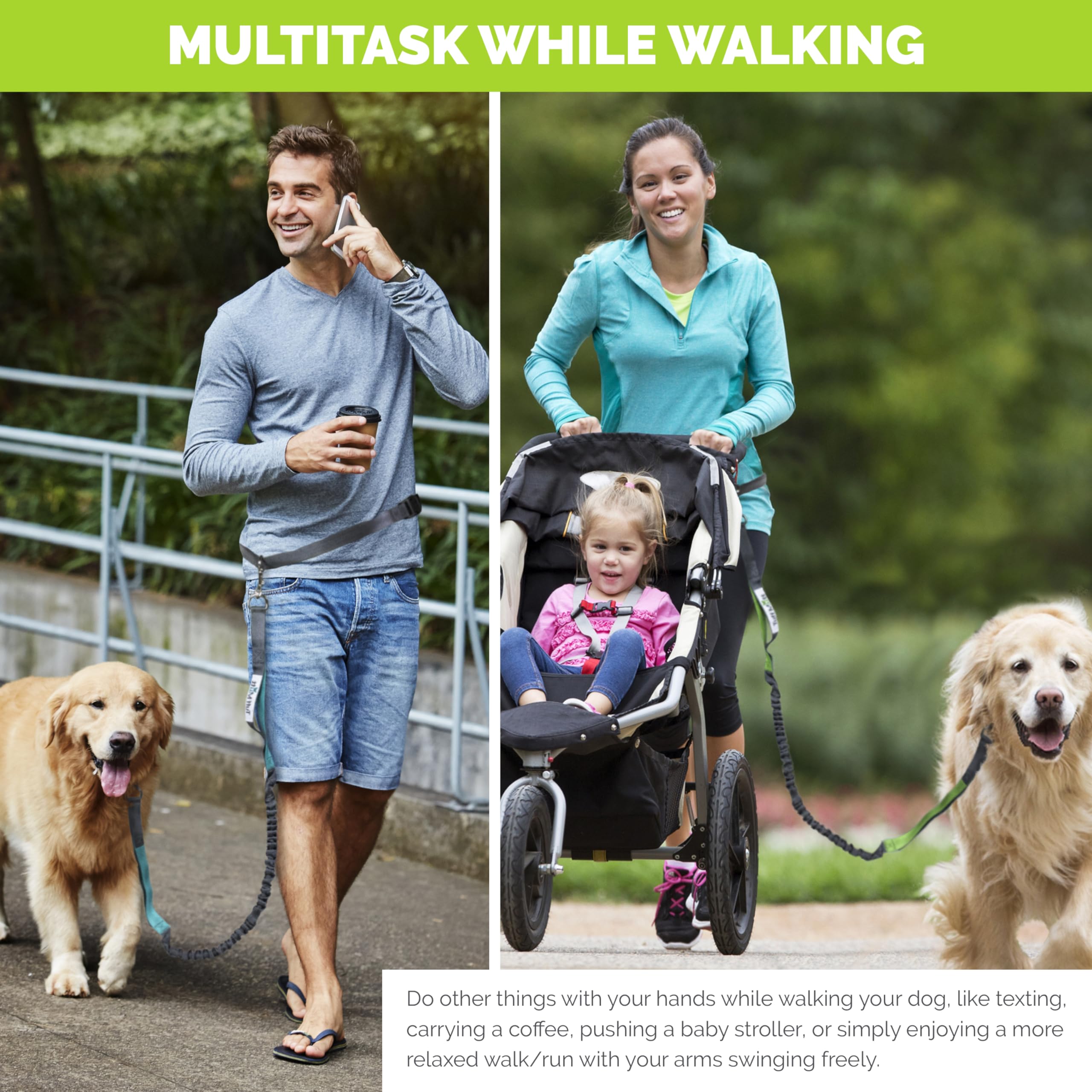 Tuff Mutt Hands-Free Waist Leash For Dog Walking, Running And Hiking, Adjustable Belt With Double Handle, Reflective Bungee Design For Large & Medium Dogs