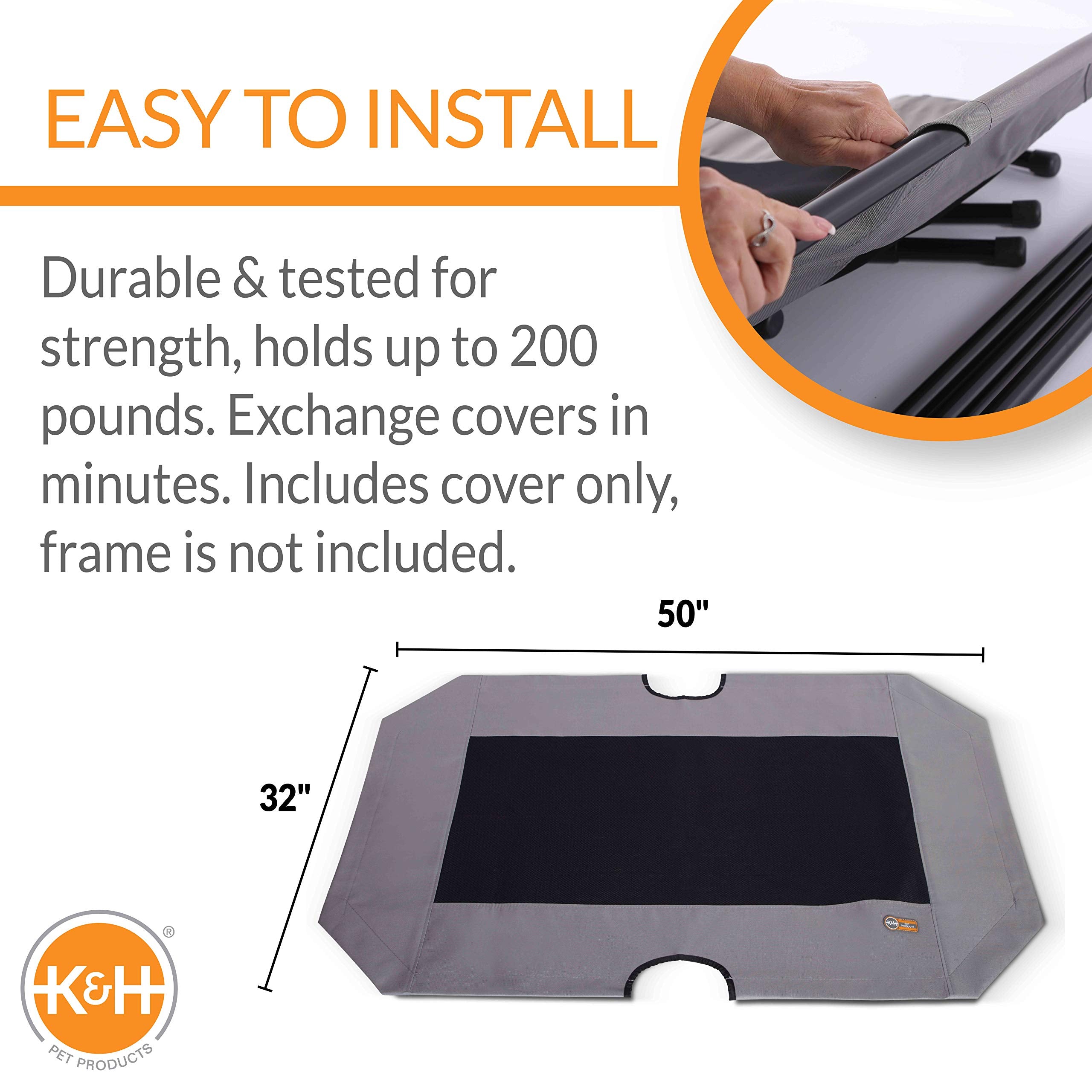 K&H Pet Products Dog Cot Replacement Cover, Designed To Fit K&H Xl Pet Cots (Sold Separately), Indoor Outdoor, Breathable Cooling Mesh Center, Machine Washable - Extra-Large 50 X 32In Gray