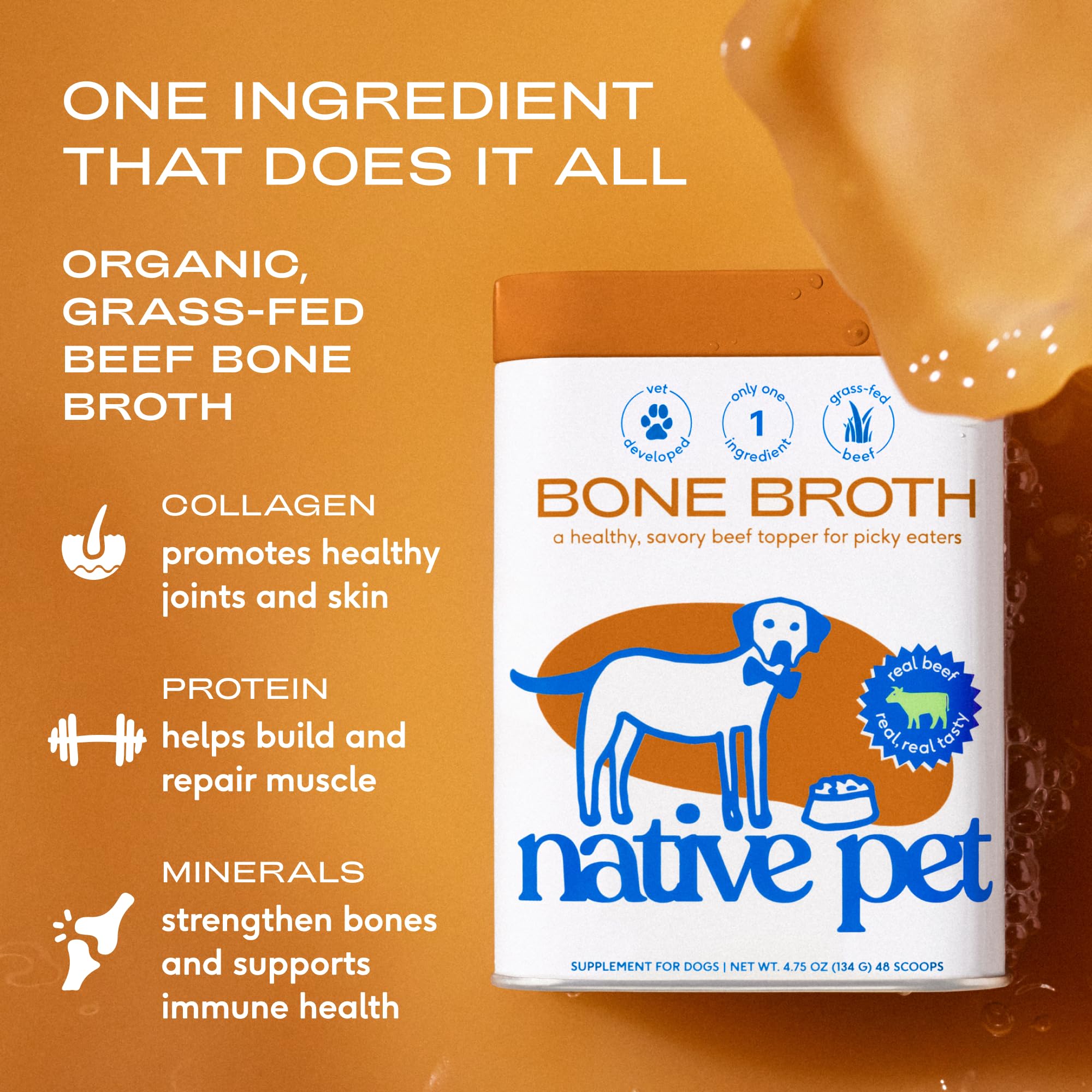 Native Pet Bone Broth for Dogs and Cats - Made with Real Beef Bone Broth, Dog Food Toppers for Picky Eaters- Provides Extra Hydr