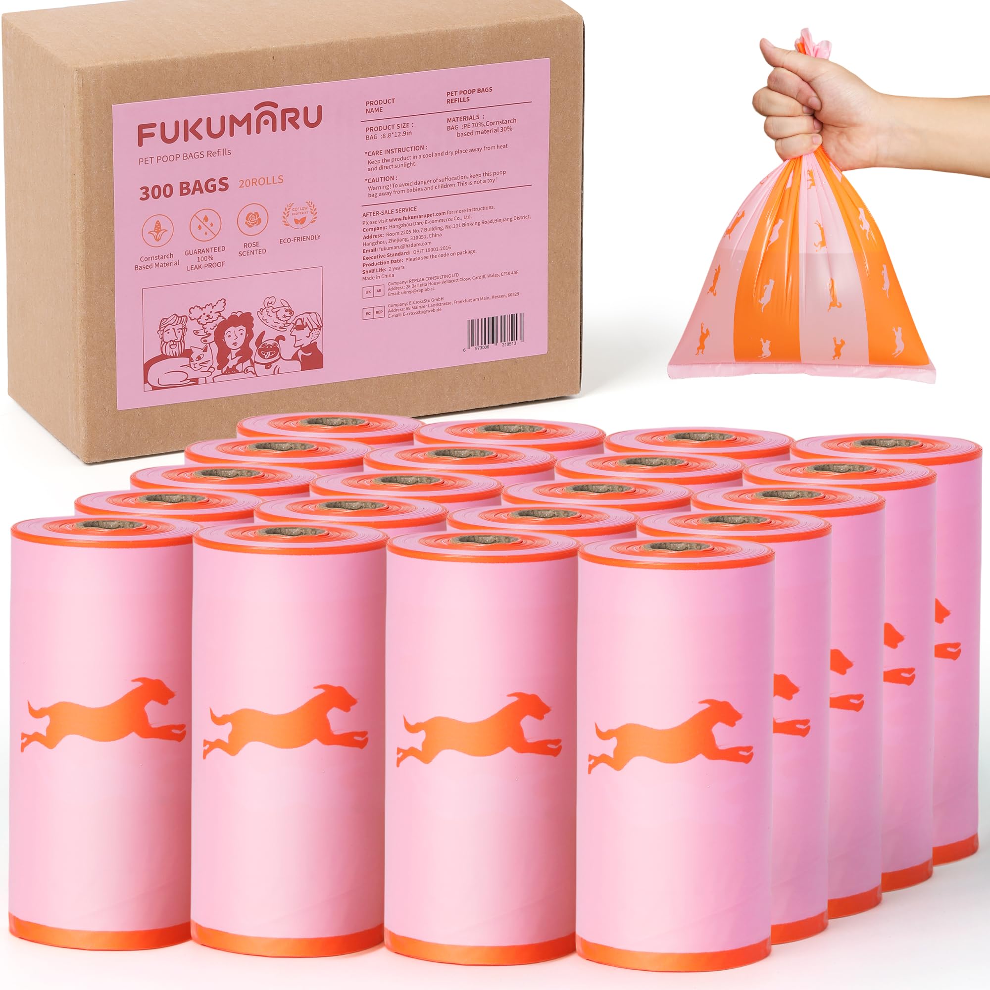 Fukumaru Poop Bags For Dogs, 300 Rose Scent Dog Poop Bag Holder And Dispenser With Leash Attachment For Dogs, Cats And Multi-Pet