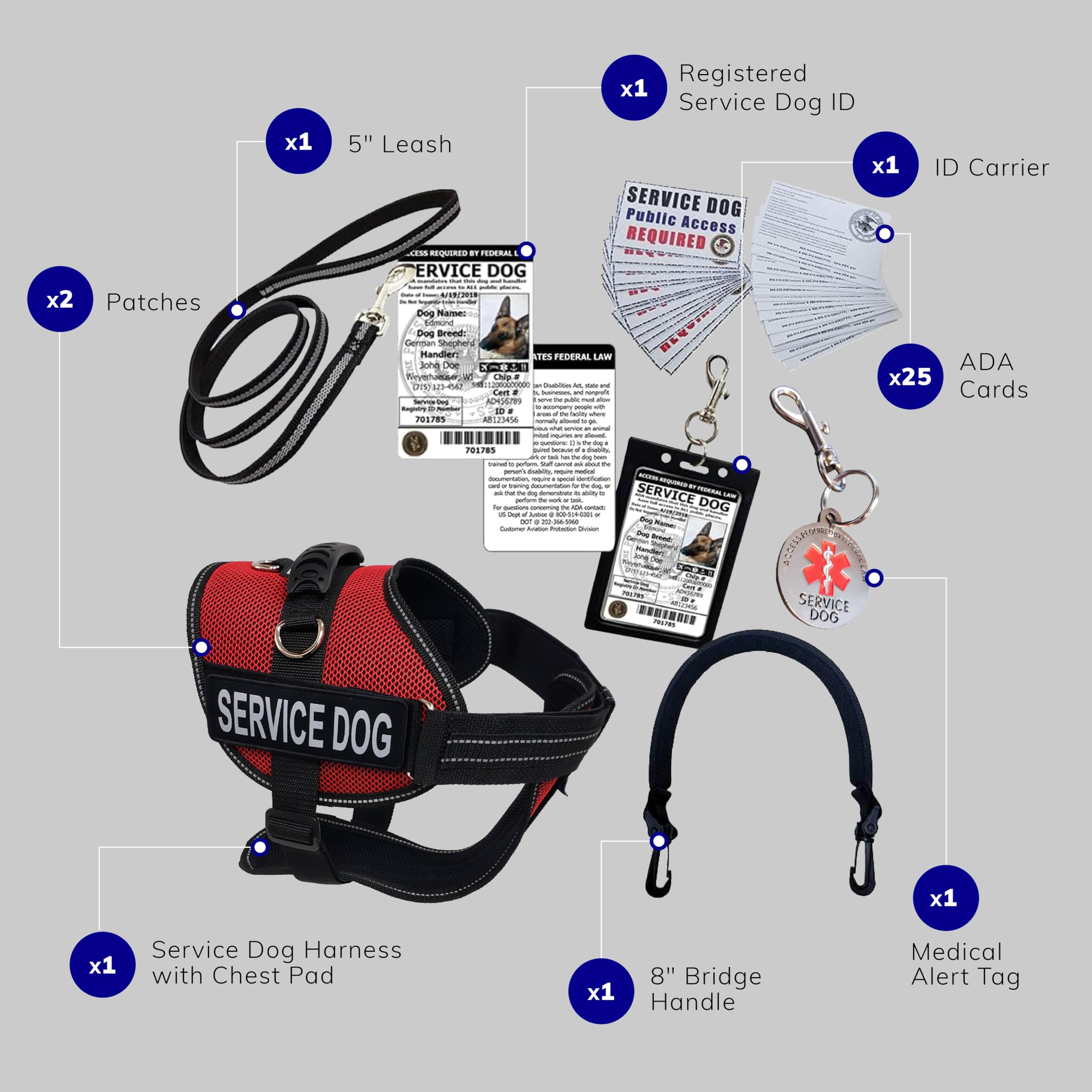 Activedogs.Com 2Xl Red Service Dog Harness Kit - No Pull Dog Vest, Handle, Id, Ada Cards, Medical Alert Keychain, Leash & Patches