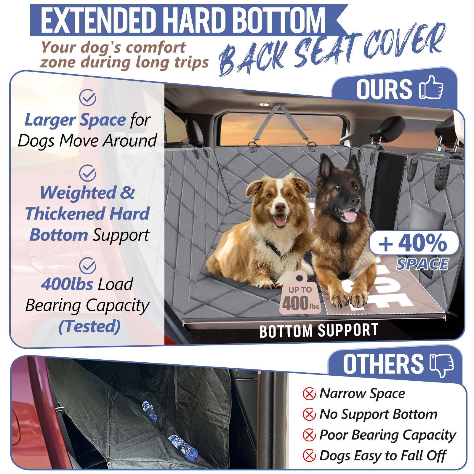 Rouwinne Back Seat Extender For Dogs Truck-Large Space, Truck Dog Car Seat Cover For Back Seat Hard Bottom Holds 400Lbs, Sturdy Pet Seat Covers For Trucks, Waterproof Backseat Dog Hammock For Truck