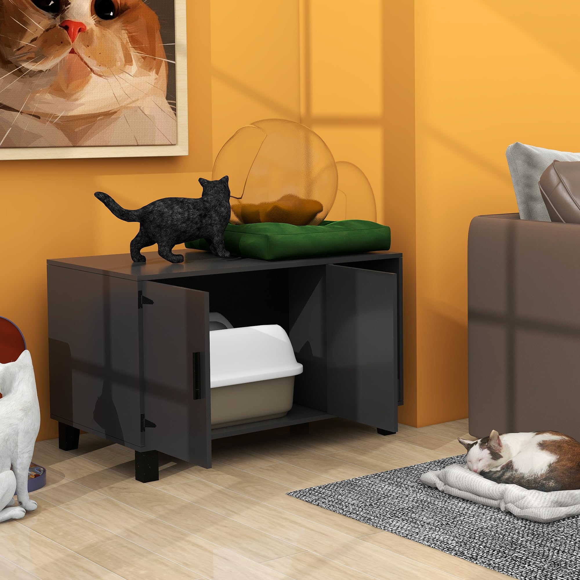 Taohfe Litter Box Enclosure Cat Litter Box Furniture Hidden With Cat Scratch Pad Decorative Farmhouse Wooden Hidden Litter Box C