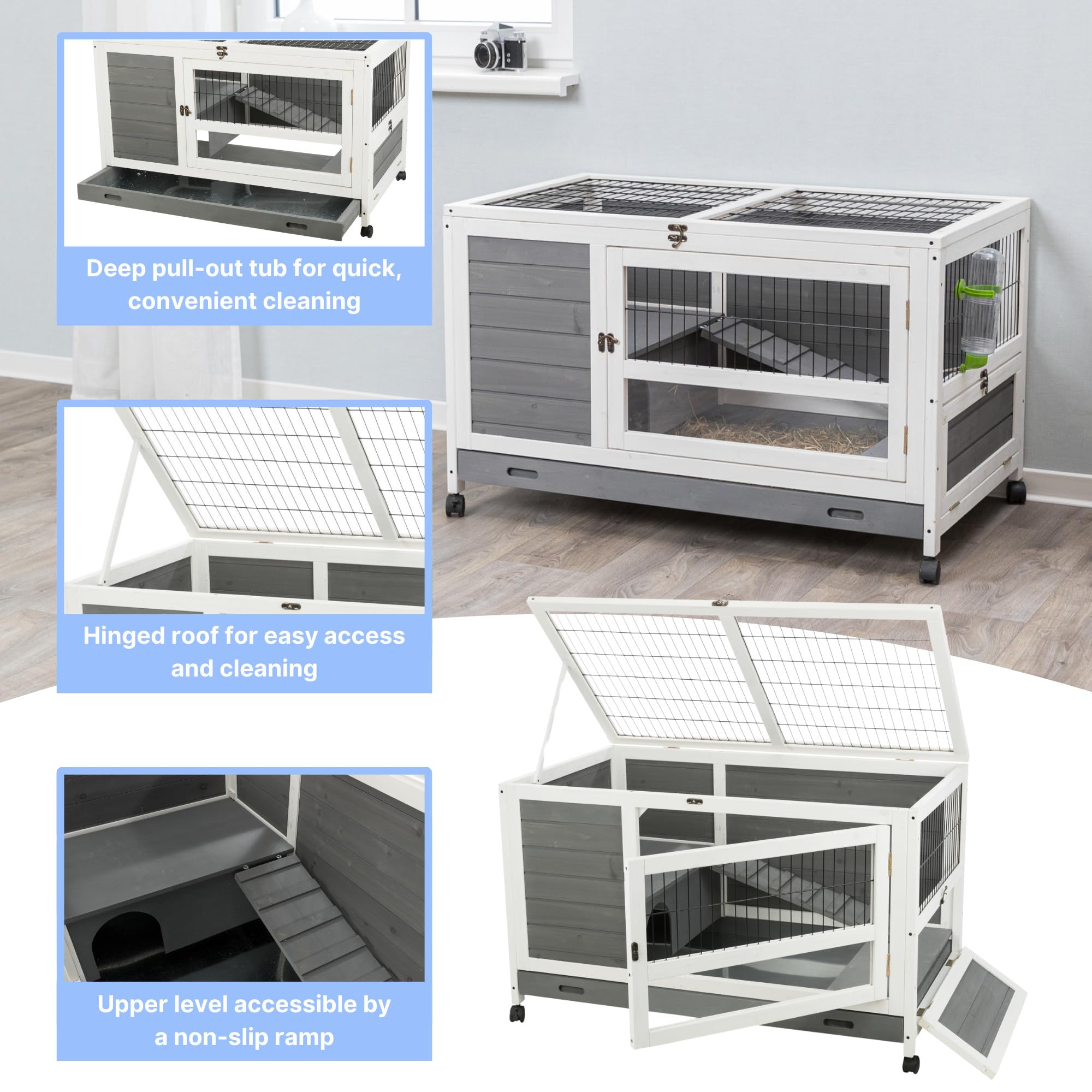 Trixie Natura Small Indoor Rabbit Hutch, Pet House For Rabbits And Guinea Pigs, Bunny Cage On Wheels, Pull Out Tray