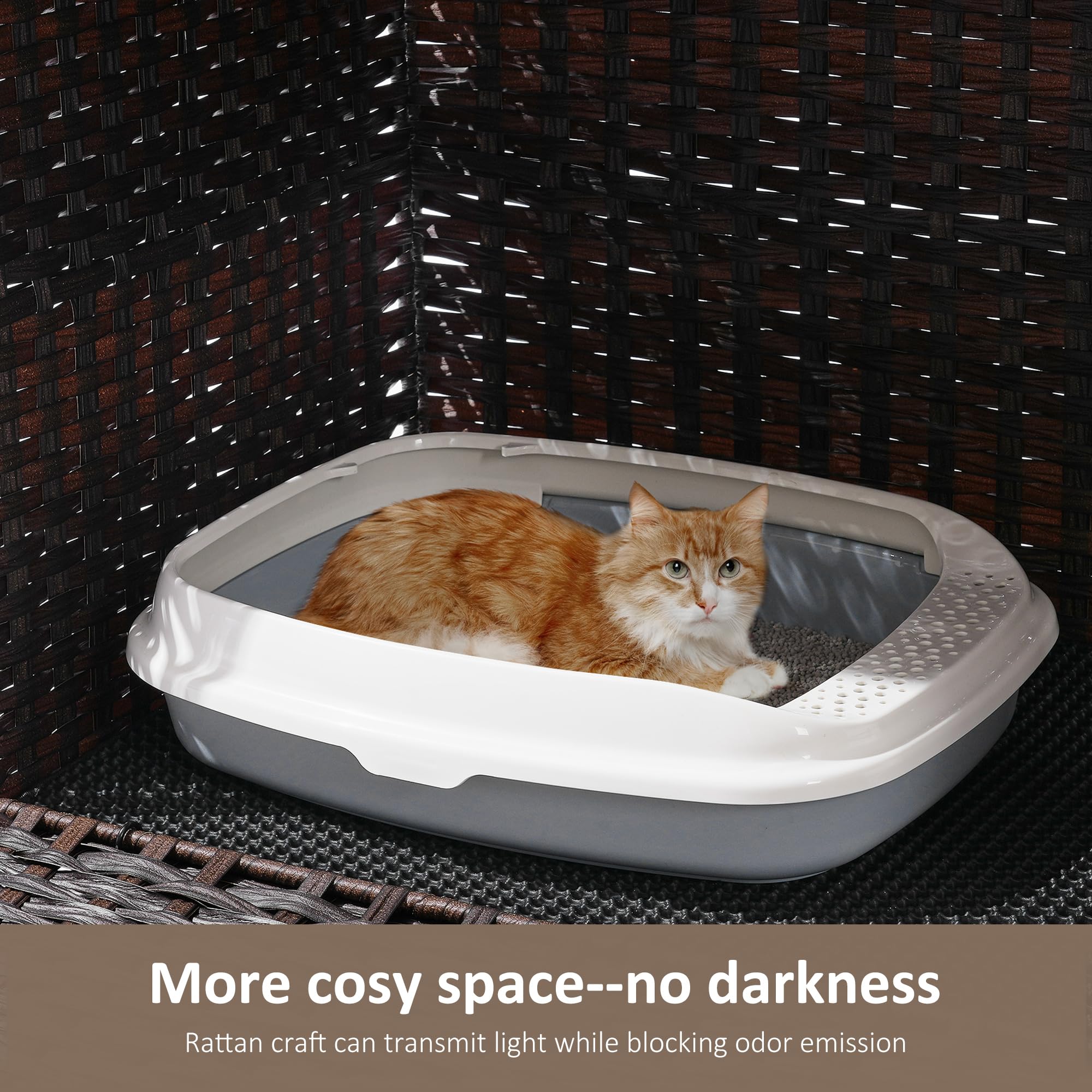 Cat Litter Box Enclosure With Soft Litter Mat; Hidden Cat Washroom Furniture With Door; Handwoven Rattan Cat House With Large Sp