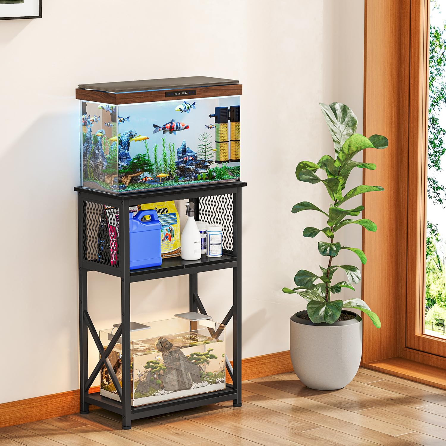 Snughome 10 Gallon Aquarium Stand with Storage, 3 Tier Heavy Metal Fish Tank Stand Shelf 20.47 x 11.42 x 30.91, Black