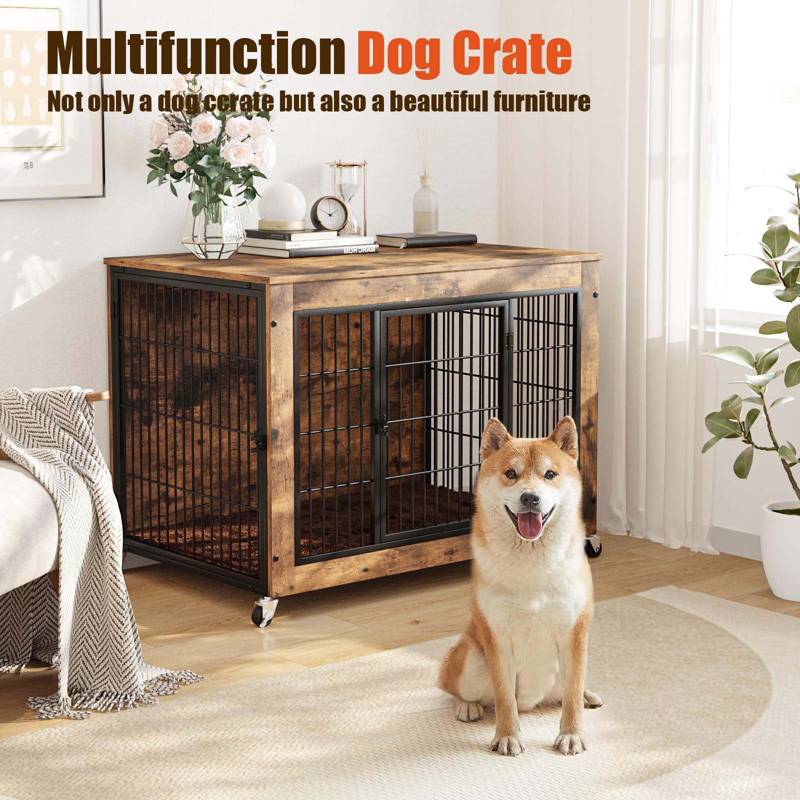LEMBERI 32 Inch Dog Crate Furniture with Cushion, Wooden Double Doors Dog Kennel Cage Indoor with Wheels, Pet House Decorative S