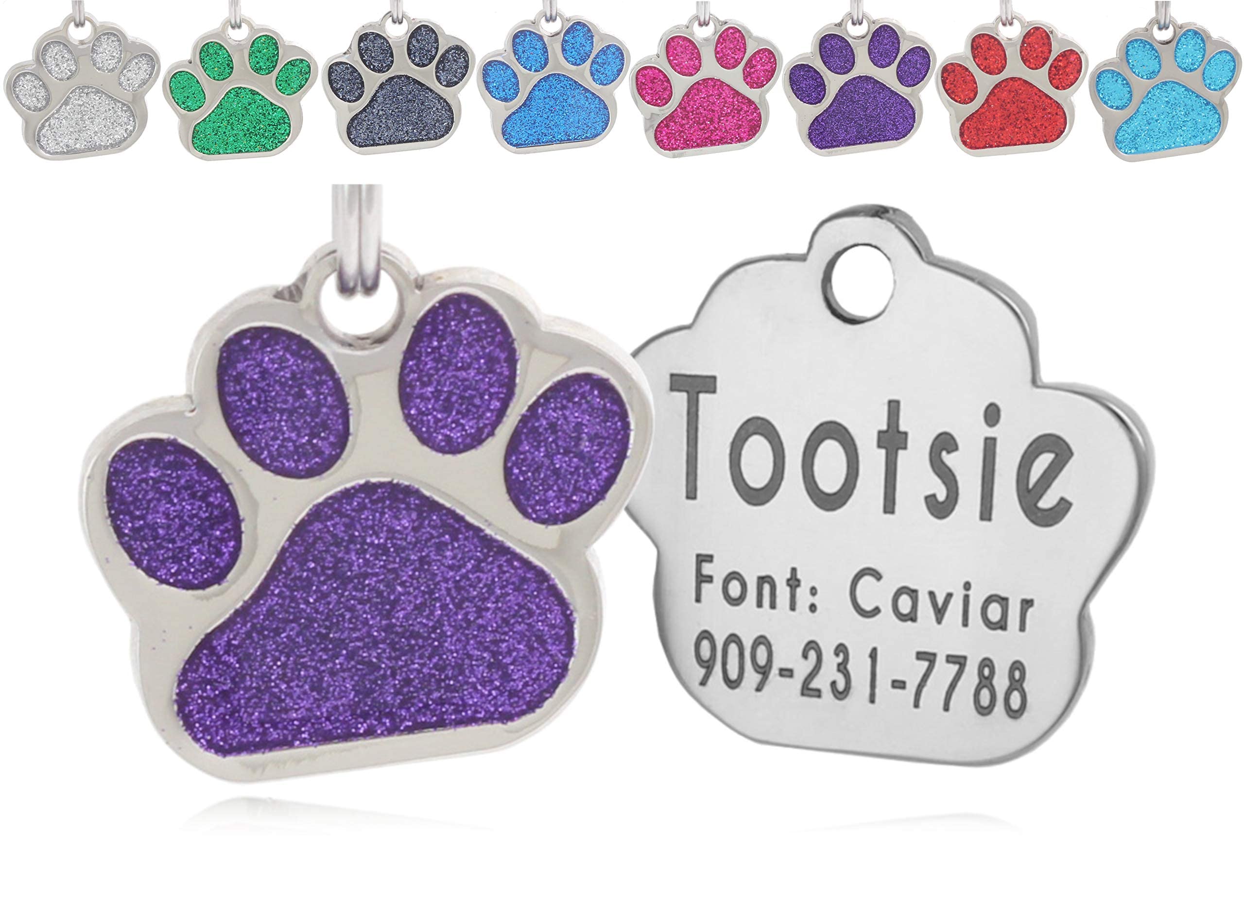Io Tags Pet Id Tags, Personalized Dog Tags And Cat Tags, Custom Engraved, Easy To Read, Cute Glitter Paw Pet Tag (Purple)