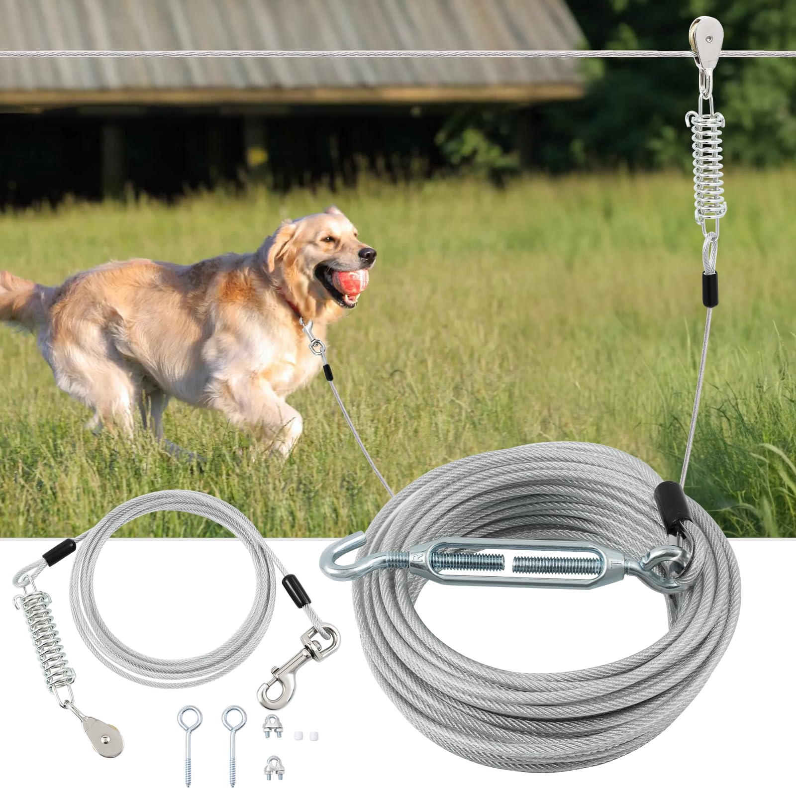 Luffwell Runner For Yard, 50Ft Long Lead With 10Ft Pulley Tie Out Cable For Heavy Duty Dogs Up To 250Lbs, Trolley System For Lar