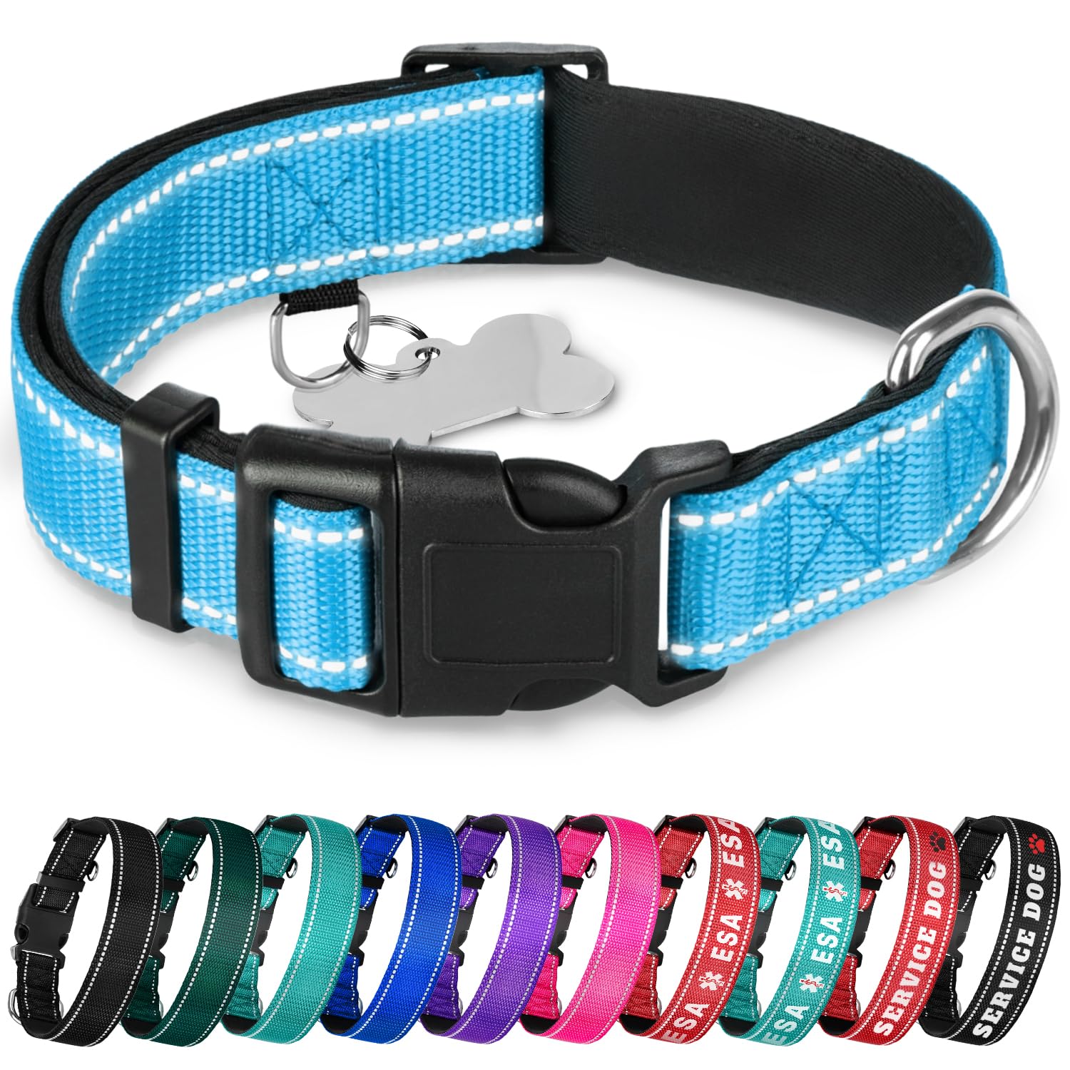 Teceum Reflective Pet Collar - Sky Blue - L - Extra Soft Padding - Basic Nylon Dog Collar - Quick Release Buckle - Fits Small, M