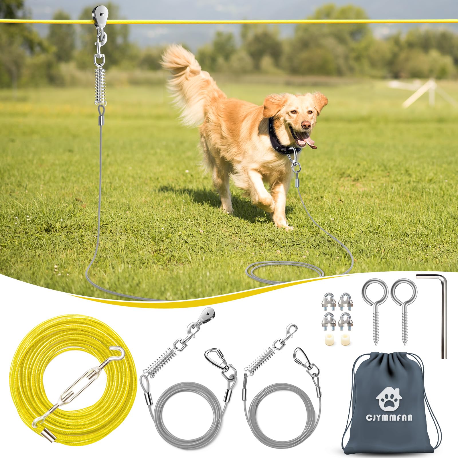 Professional Dog Runner Trolley System,Heavy Duty & Adjustable 50Ft Dog Zip Line With 10Ft & 15Ft Tie Out For Large Dogs Up To 2