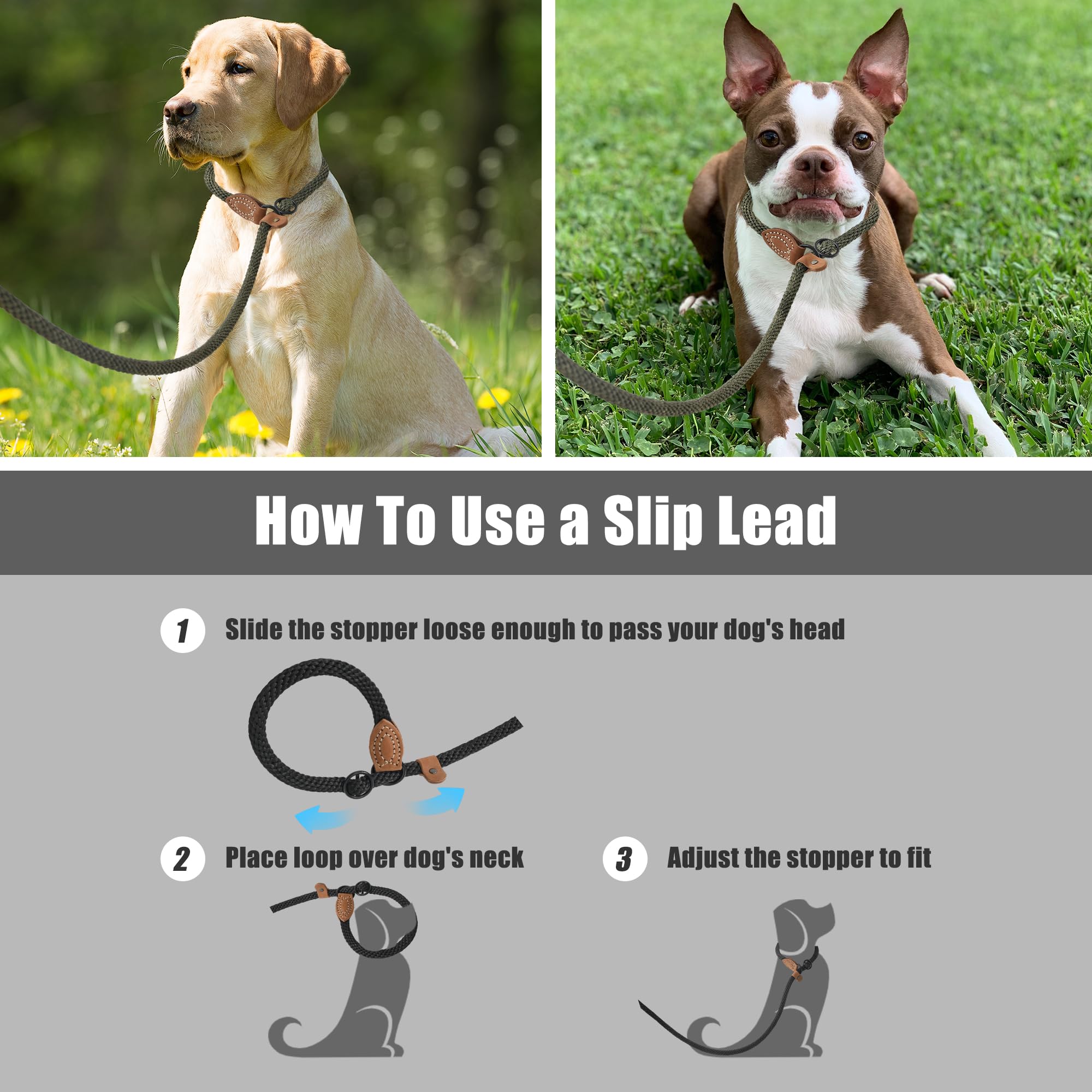 Mile High Life Slip Leads For Dogs | Heavy Duty Dog Training Leash | 5 Feet No Pull Slip Leashes W Leather Tip | Dark Green Rope Lead For Dogs Outside