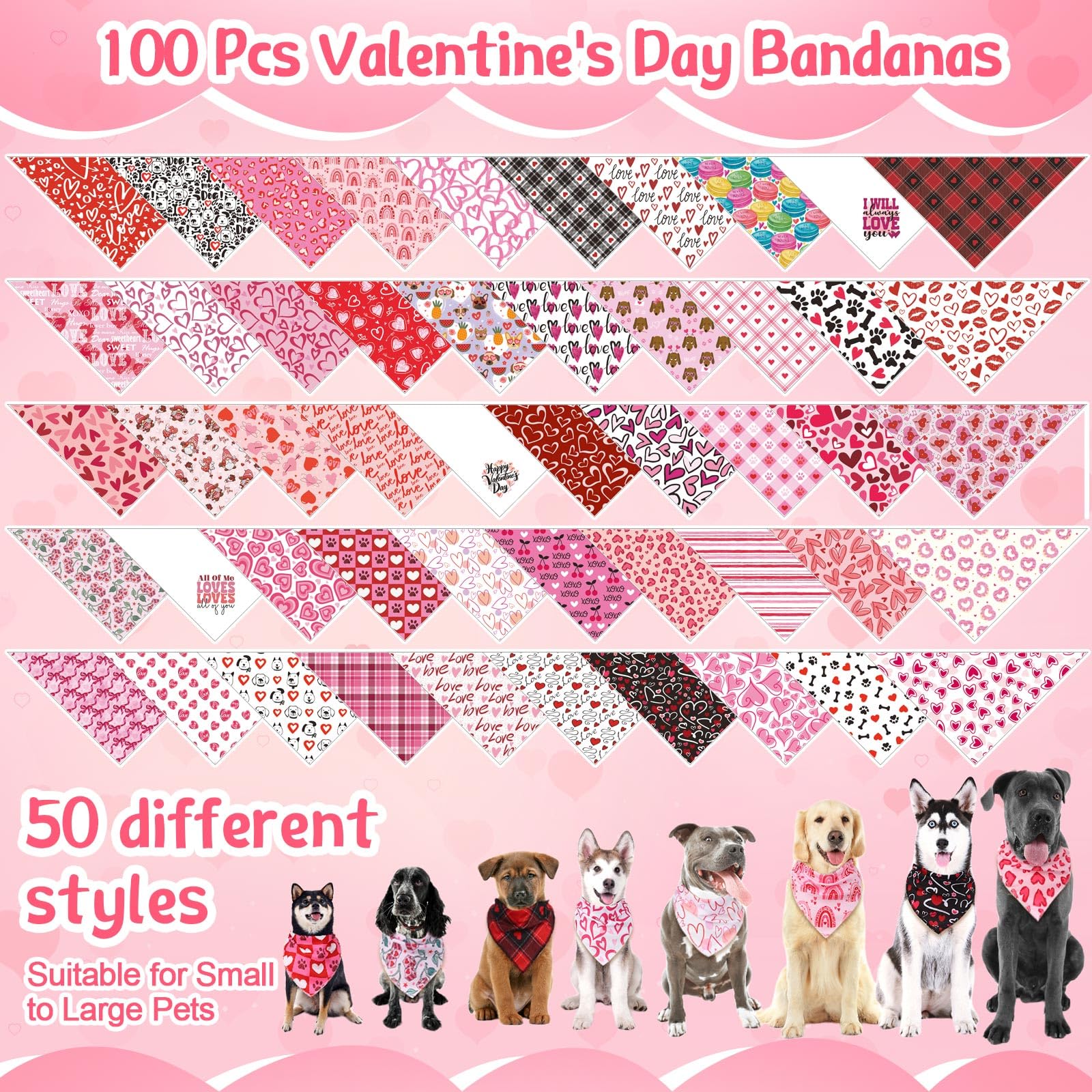 Paterr 100 Pieces Dog Bandanas Bulk Valentines Pet Handkerchief Soft Triangle Bibs Cute Kerchief Adjustable Washable Pet Scarf C