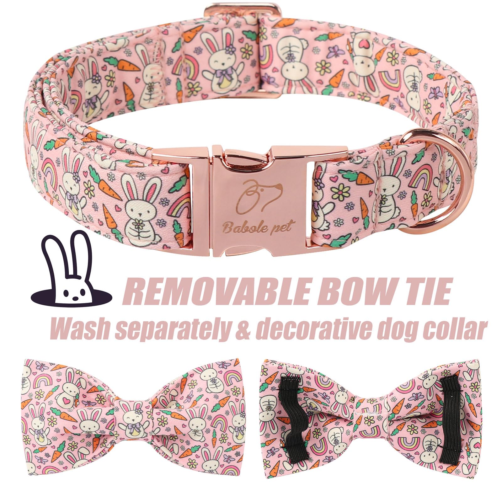 Babole Pet Easter Dog Collar With Bow Tie - Bunny Pattern Pink Bowtie Adjustable Heavy Duty Spring Collar For Small Medium Large