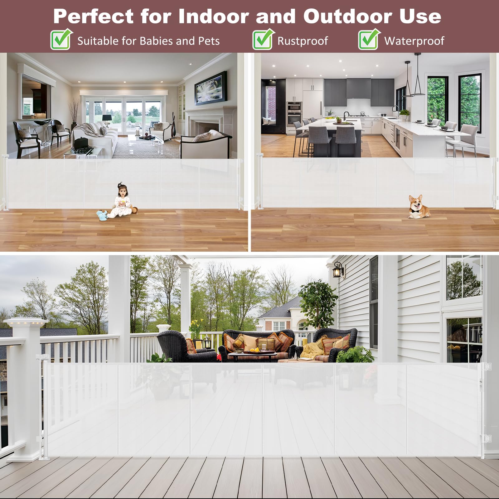 Reinforced 41'' Extra Tall Pet Gate 150'' Extra Wide Retractable Baby Gate with Support Rods, Indoor Extra Long Baby Gates for L