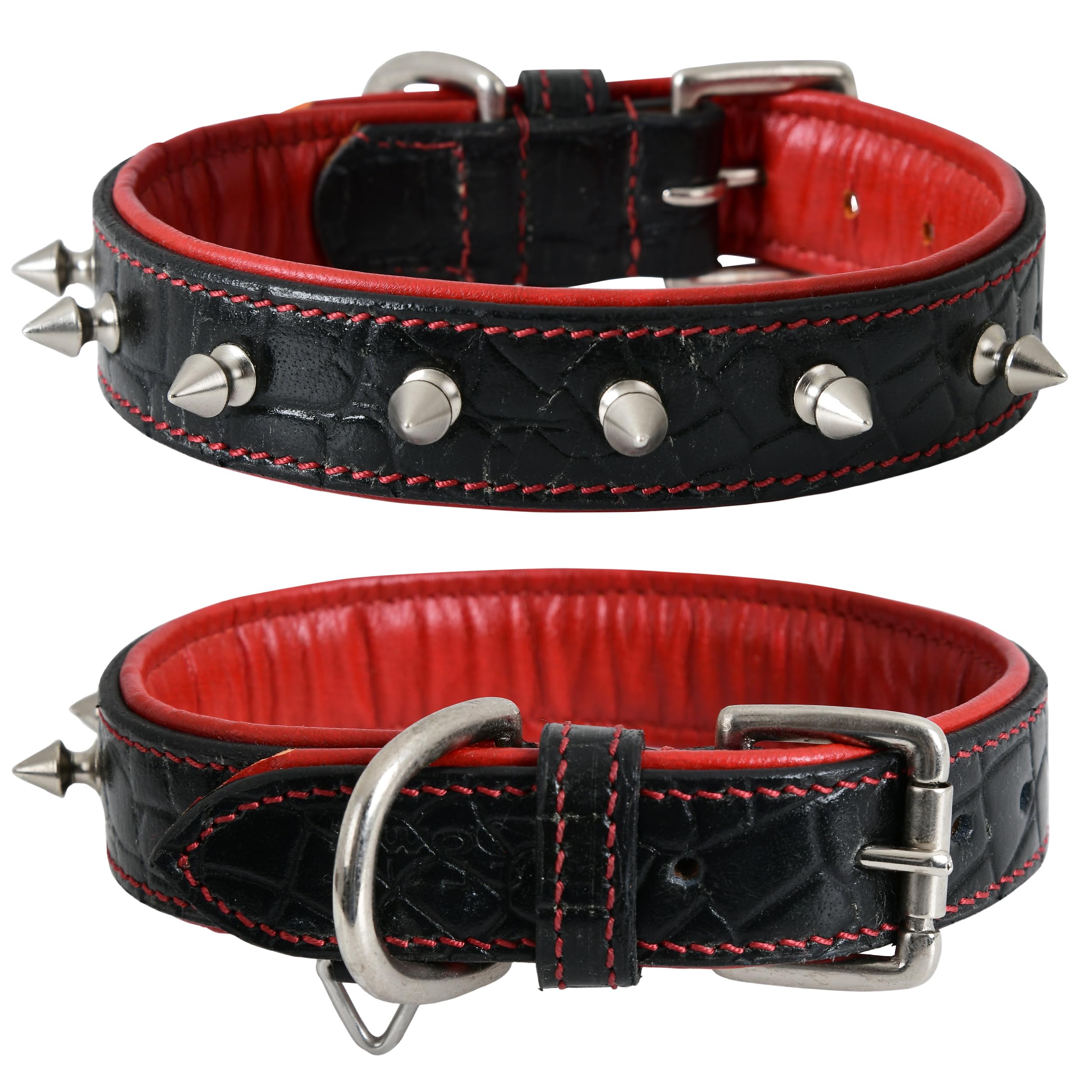 Dowgclub Spiked Leather Dog Collar - 1 Inch Wide Full Grain Bridle Leather, Crocodile Pattern, Heavy Duty Padded Design - For Sm