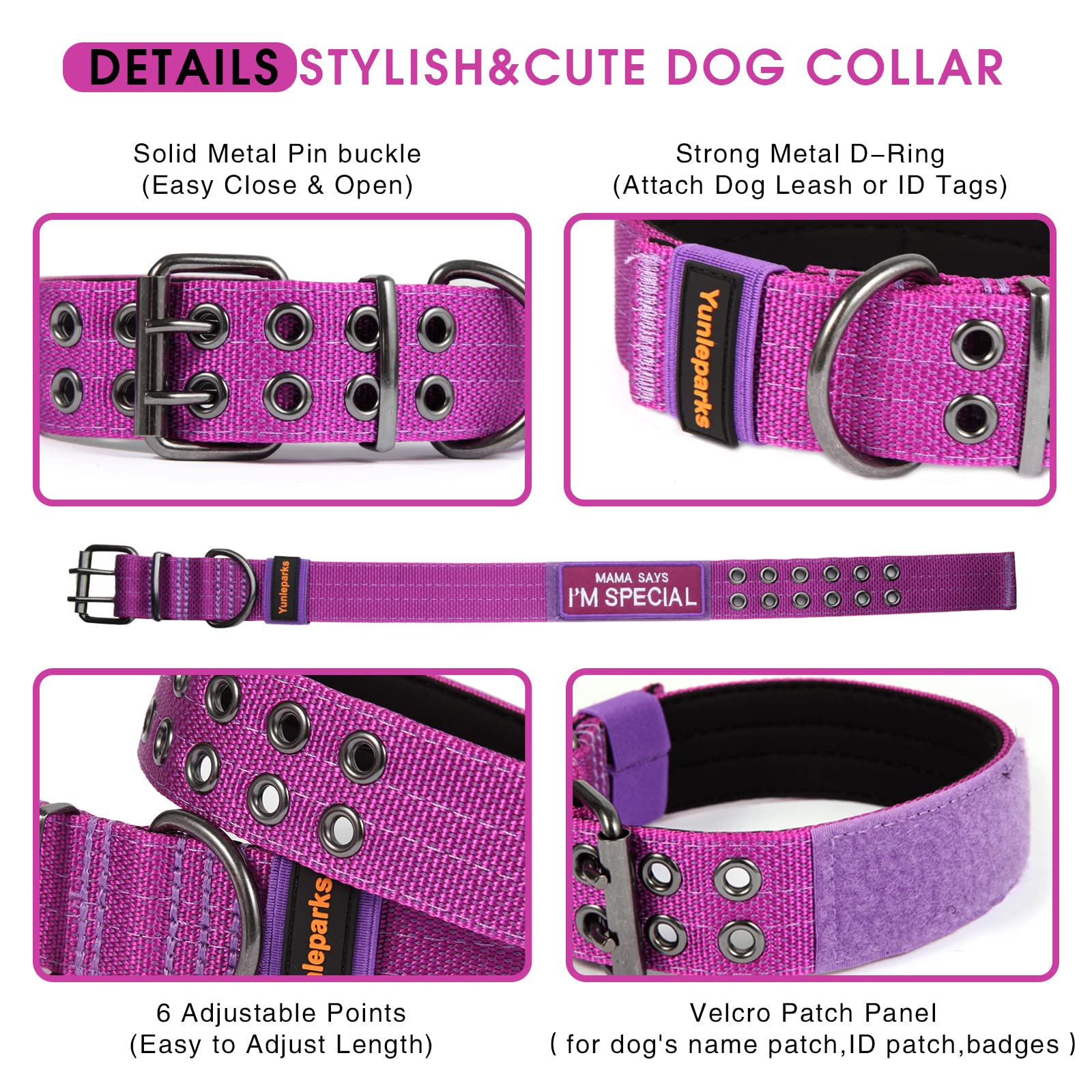 Yunleparks Tactical Collar For Medium Large Dogs, Heavy Duty Metal Buckle, Soft Neoprene Padded, Nylon Wide(Large, Purple)