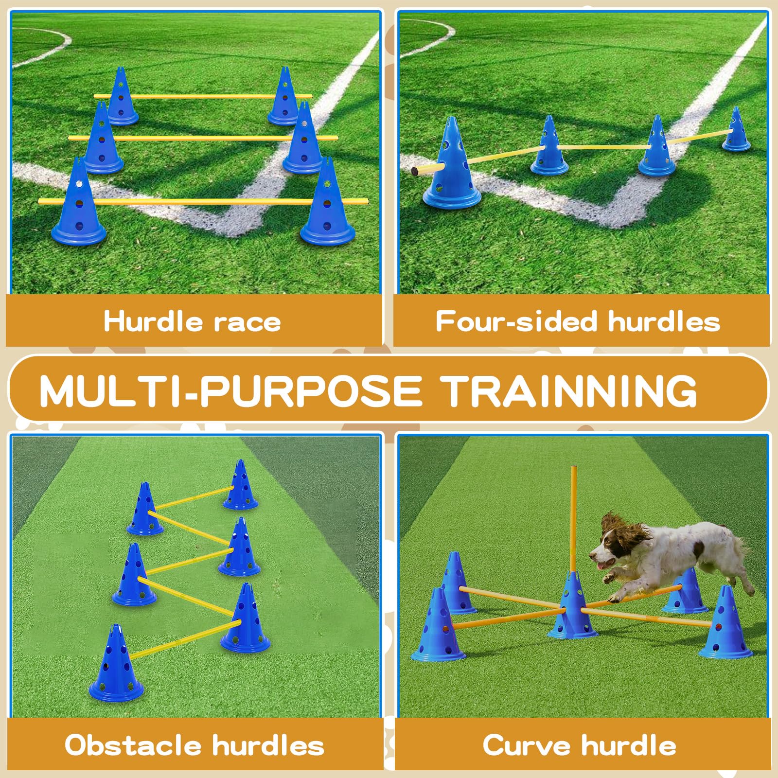 FOTN Dog Agility Hurdle Cone Set Dog Agility Course Backyard Set Include 12 Agility Cones 6 Agility Rods Agility Training Equipm
