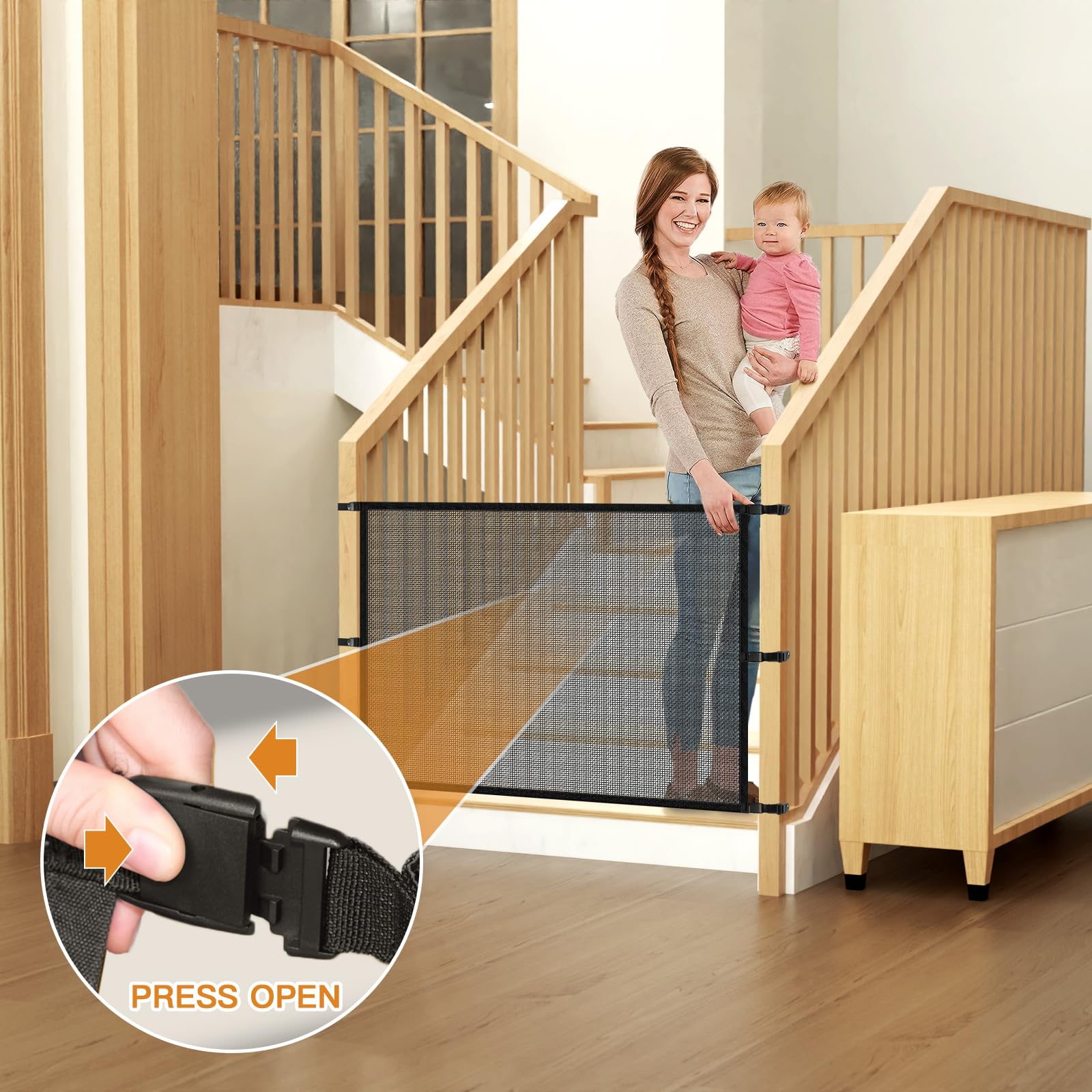 Dog Pet Mesh Stairs - Baby Safety Barrier for Stairway - No Drilling Indoor Puppy Gates - Banister to Banister Baby Gates
