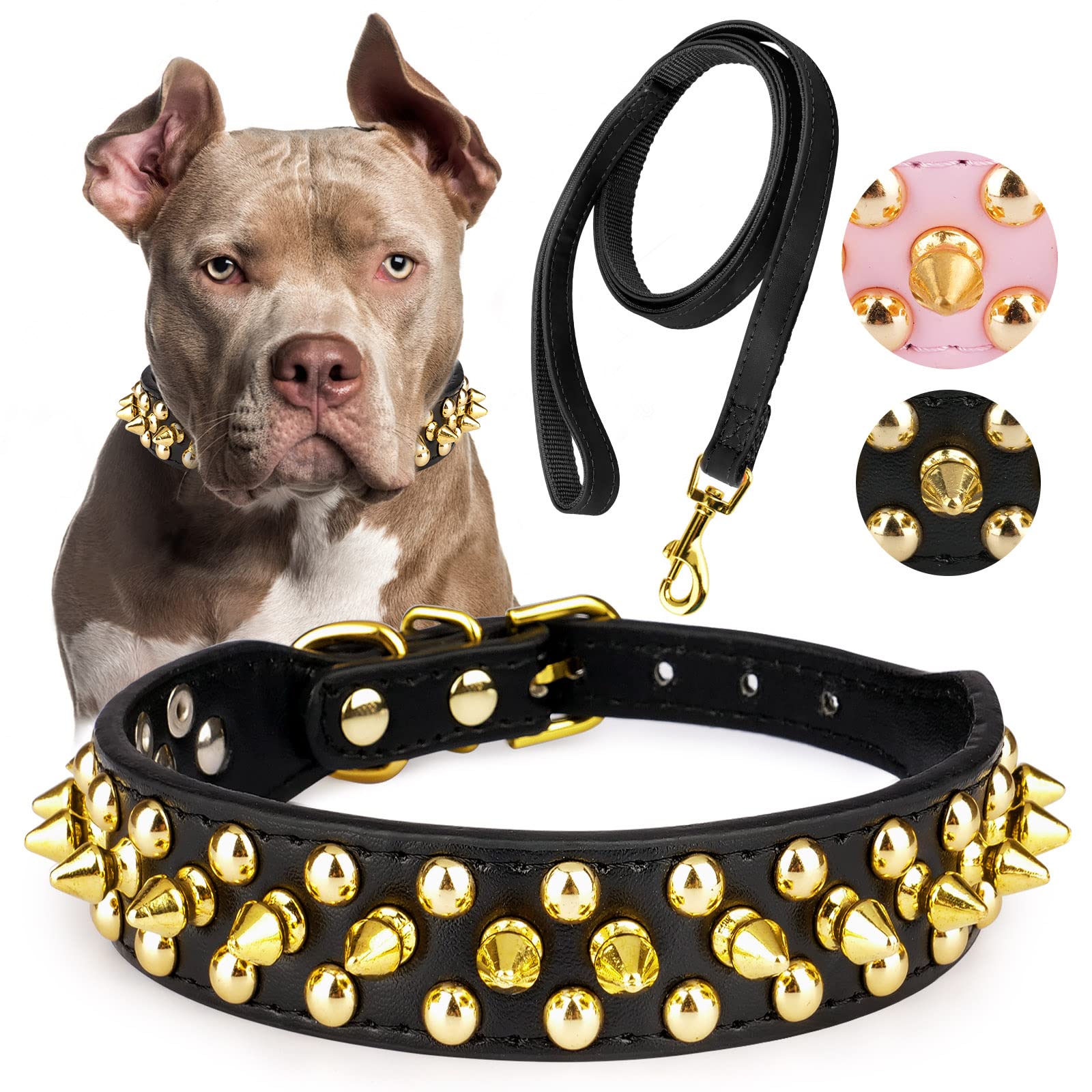 Epesiri Golden Spike Collar For Dogs, Gold Spiked Dog Collar, Durable Pu Leather Studded Dog Collar With Leash, Funny Mushrooms 