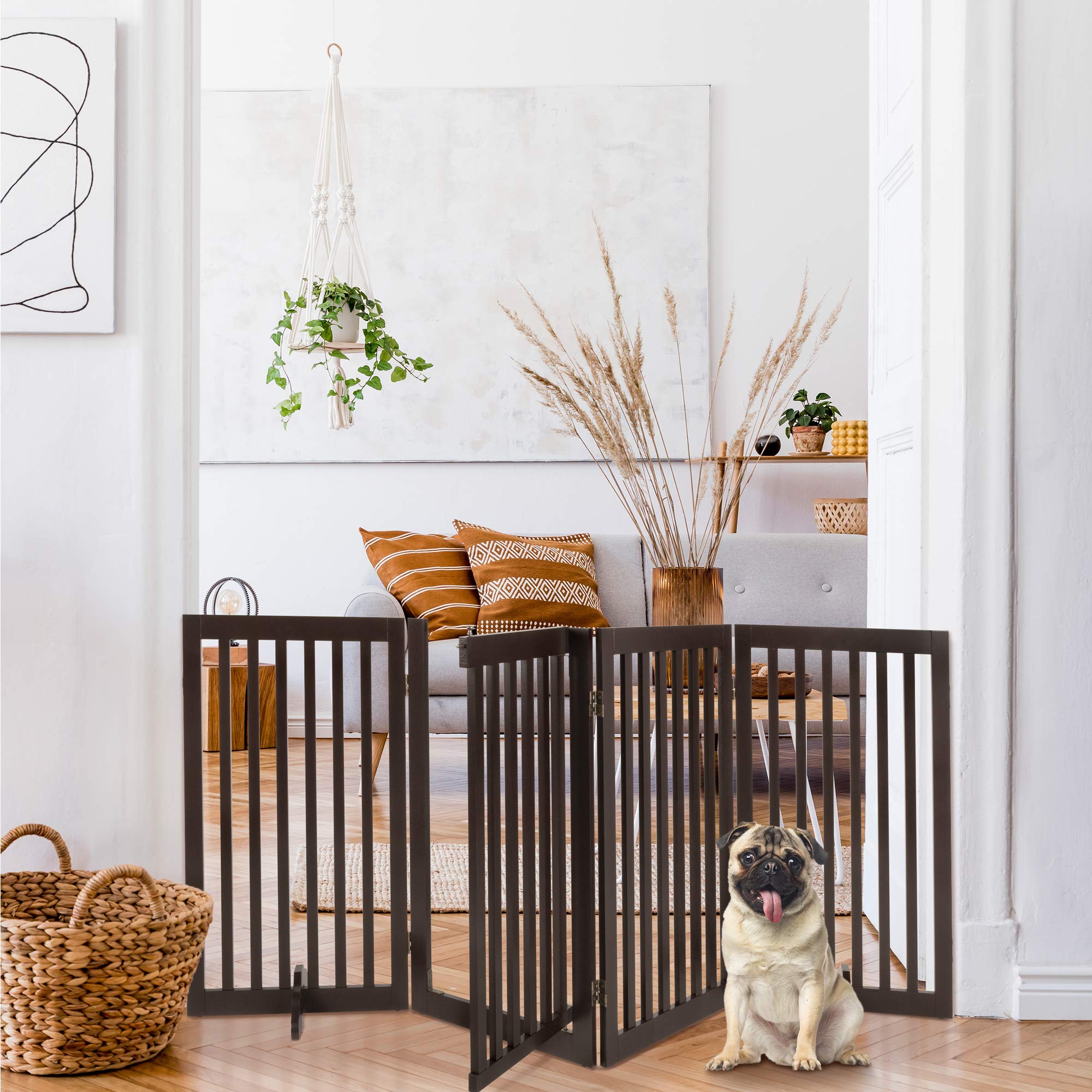 Best Choice Products 31.5In 4-Panel Freestanding Wooden Pet Gate W/Walk Through Door, Adjustable Pen, Support Feet - Espresso